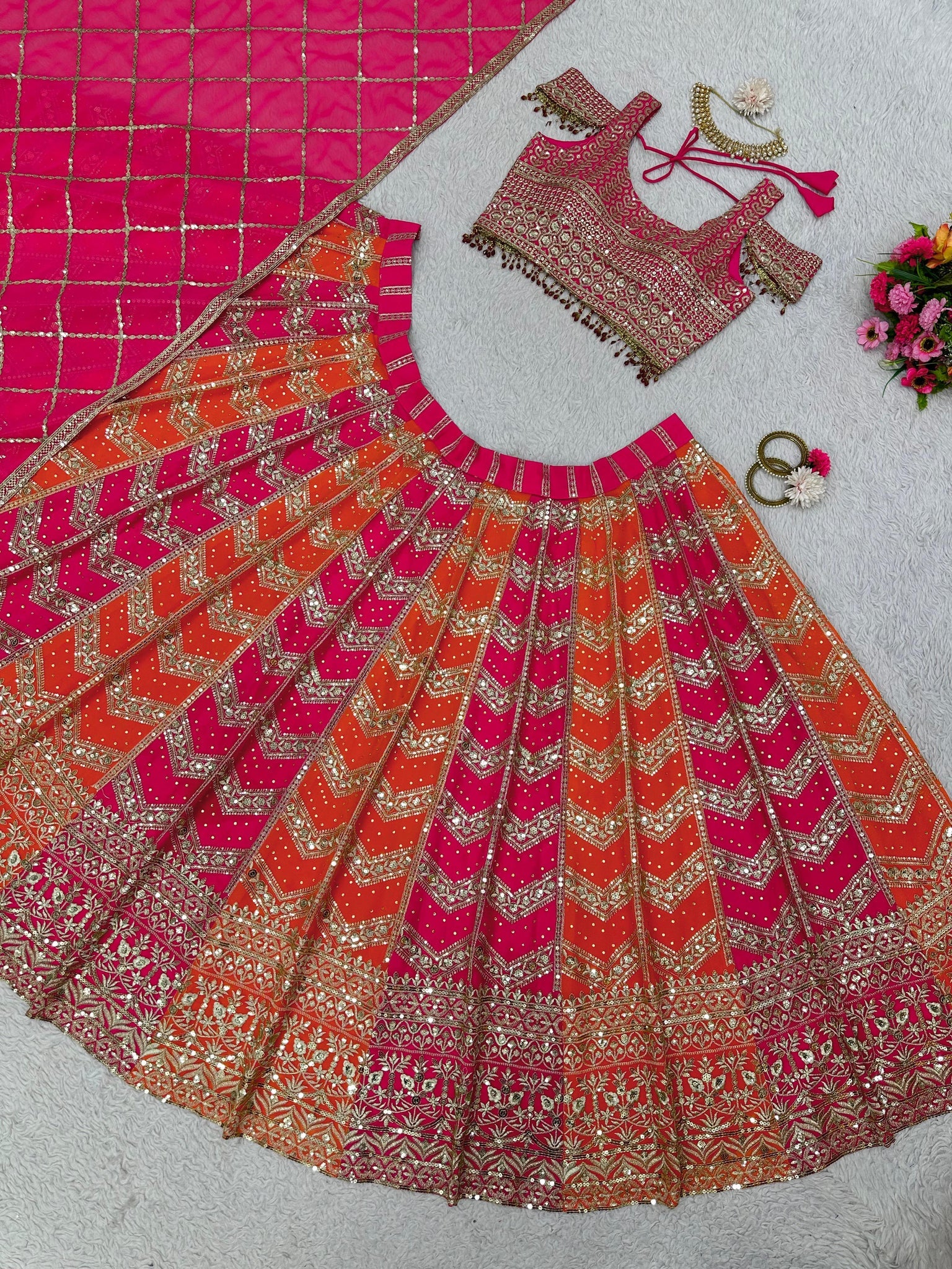 Designer Pink Orange Color Georgette Sequence Work Wedding Wear Lehenga | Ready To Wear