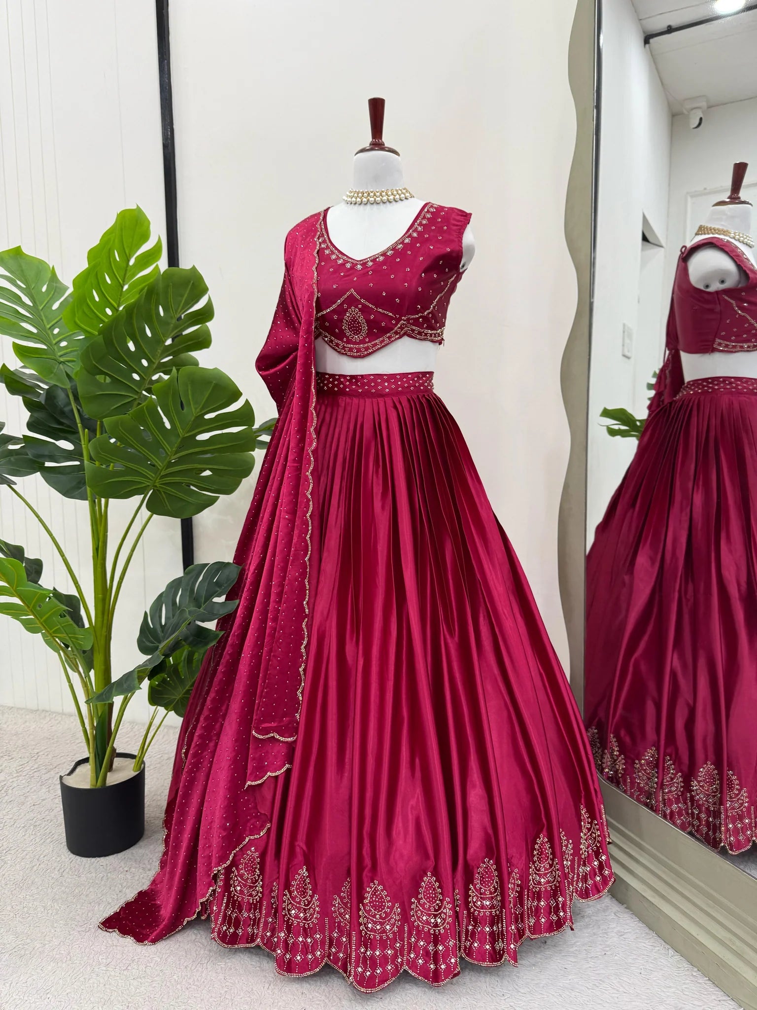 Pink Satin Silk Real Mirror Work Lehenga Choli | Ready To Wear