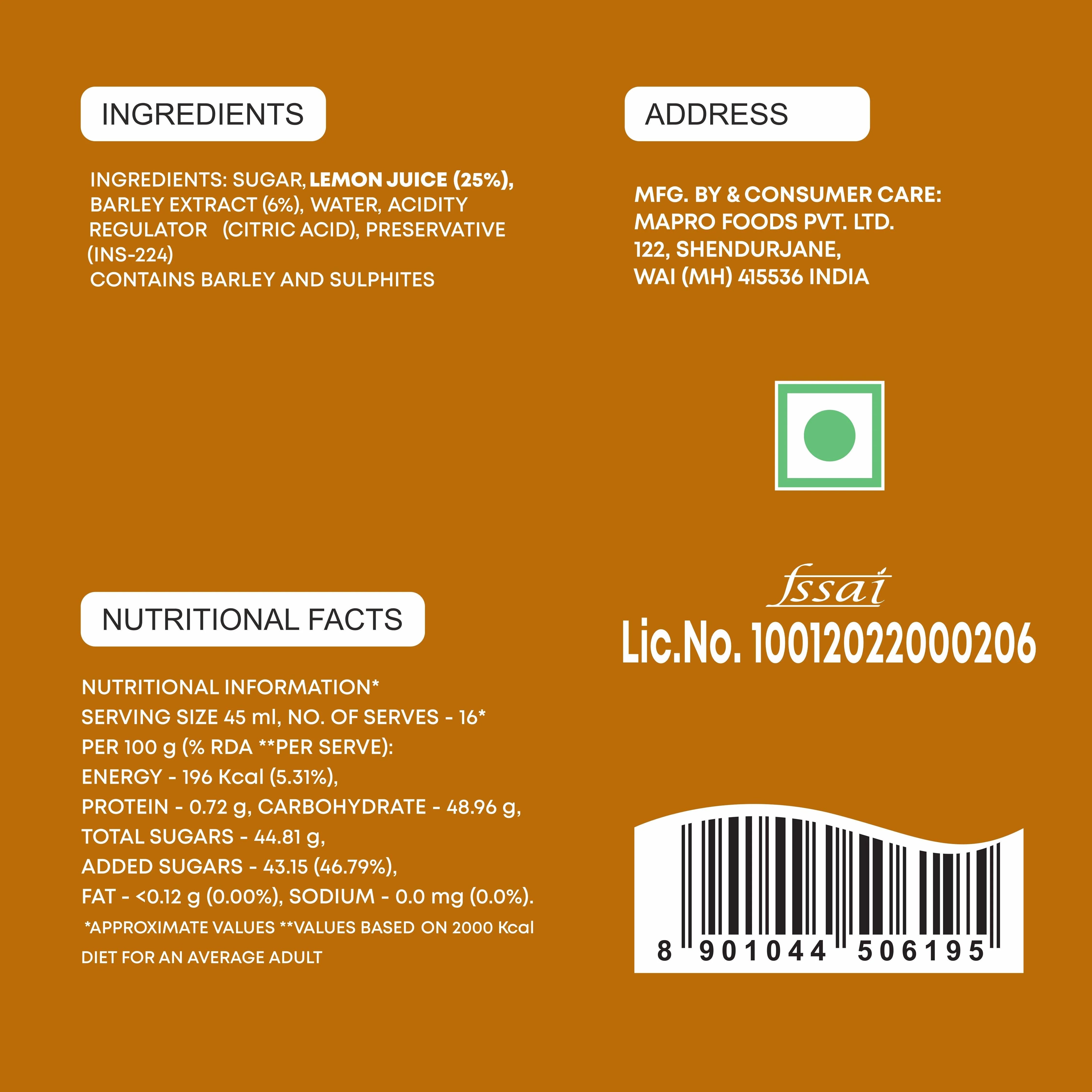 Mapro Lemon Barley Water - 750 ml