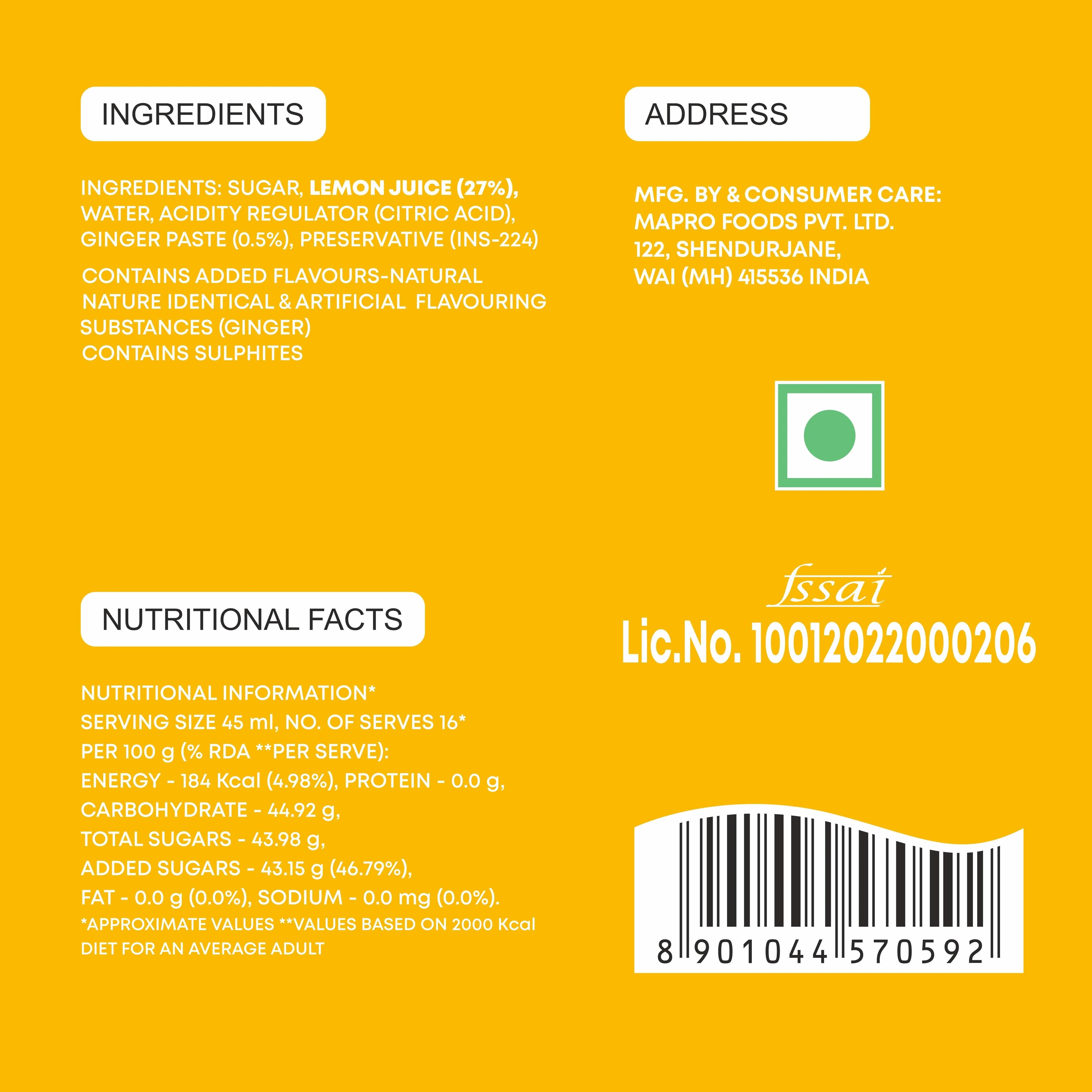 Mapro Lemon Ginger Squash - 750 ml