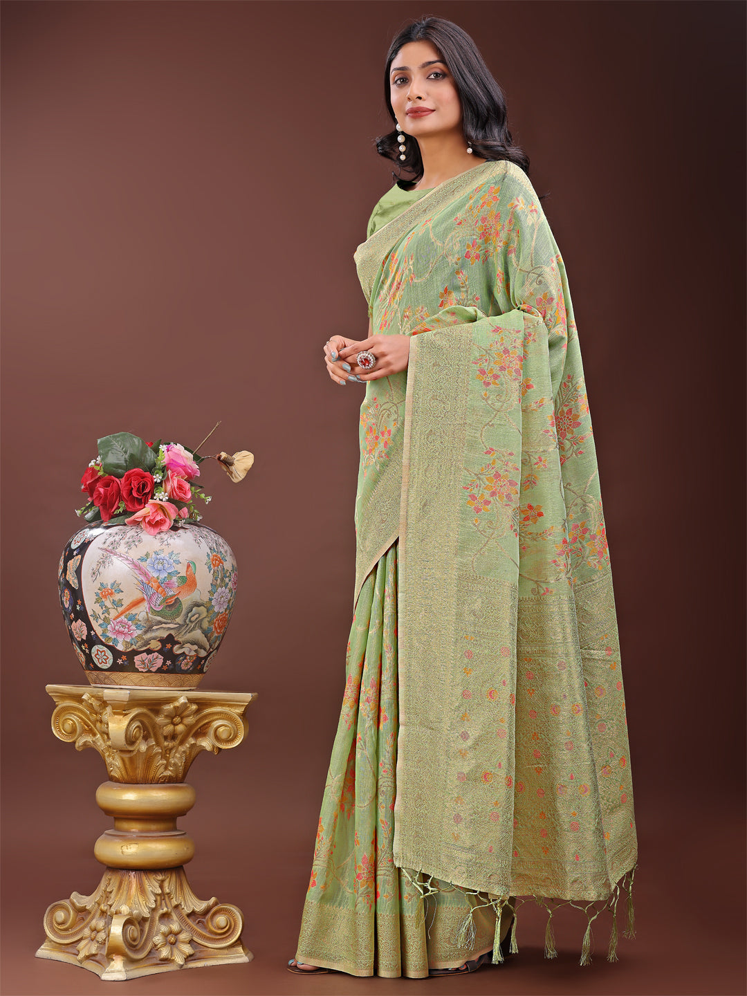 Latest Zari Zevar Saree | Light Green Color | Ready To Wear SKU-ASNAZ1006
