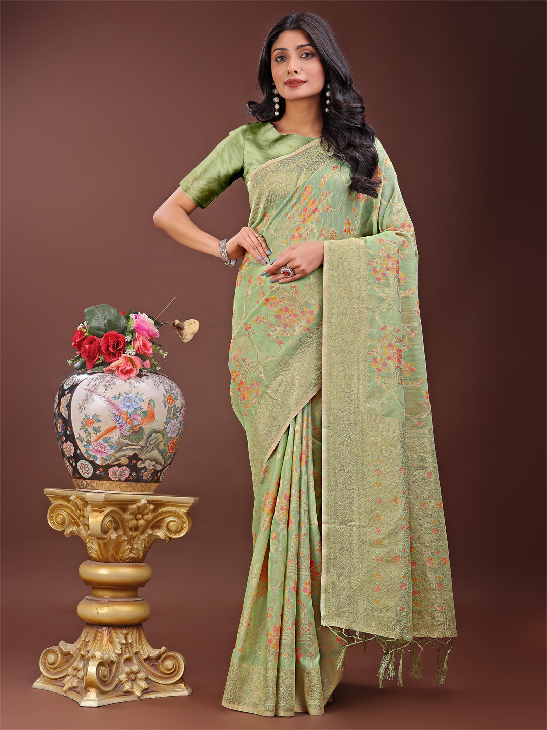 Latest Zari Zevar Saree | Light Green Color | Ready To Wear SKU-ASNAZ1006