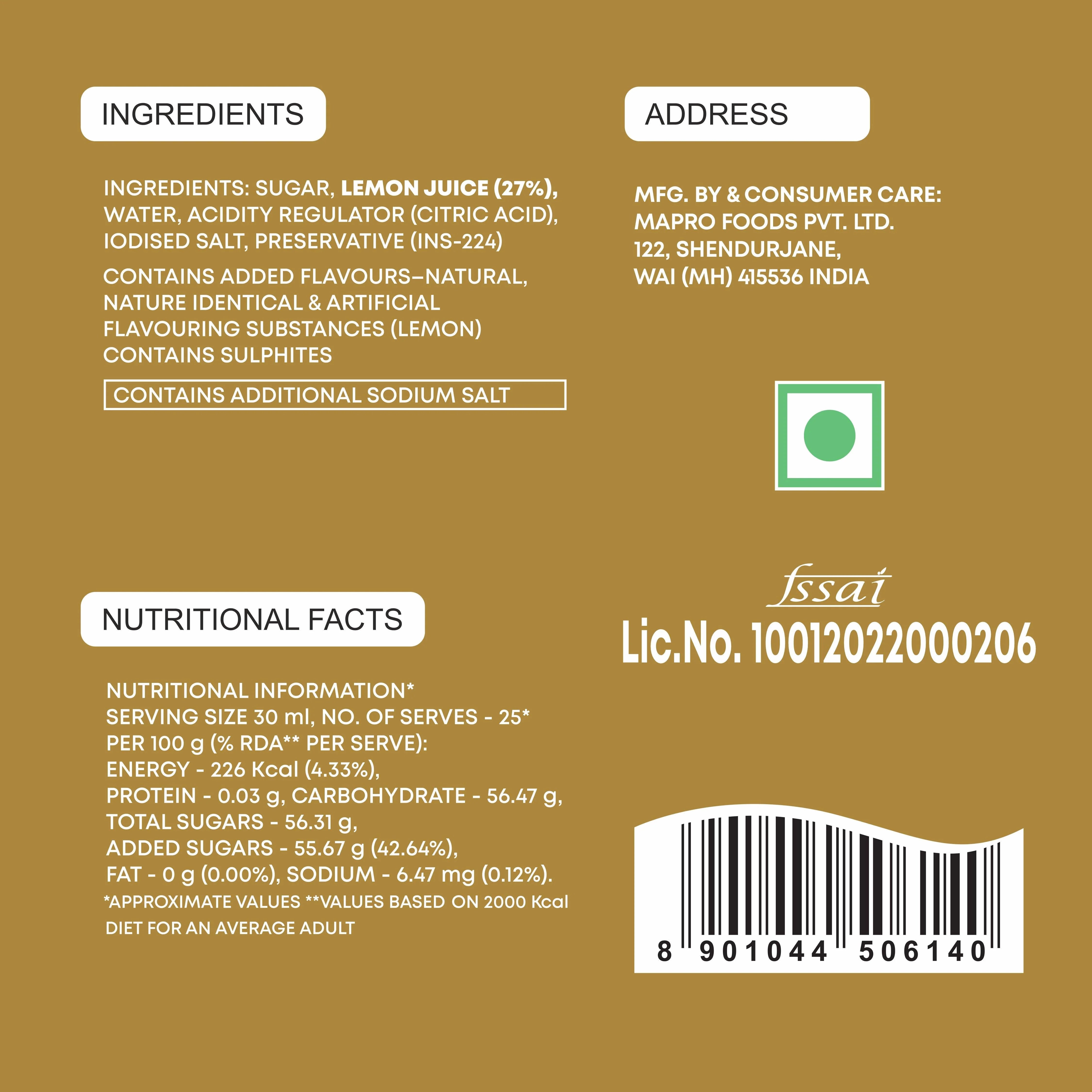 Mapro Limboo Timboo Lemon Squash - 750 ml