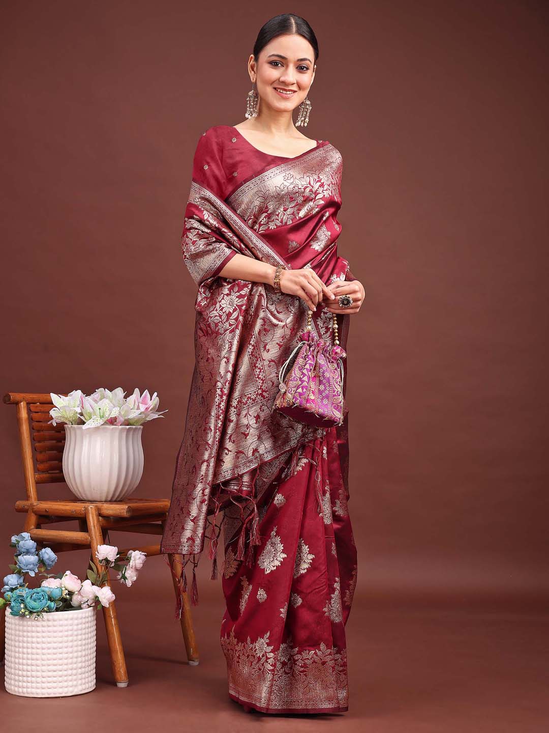 Gulaab Ghoonghat Saree | Maroon Color| Ready To Wear SKU- ASSIL1004