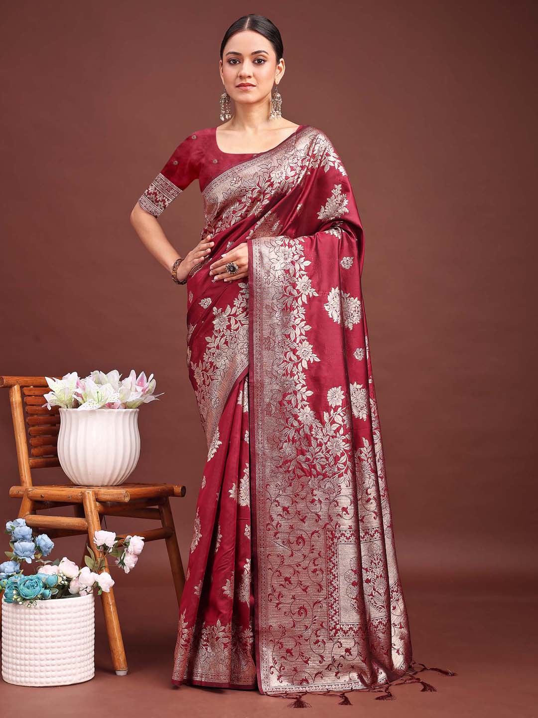 Gulaab Ghoonghat Saree | Maroon Color| Ready To Wear SKU- ASSIL1004