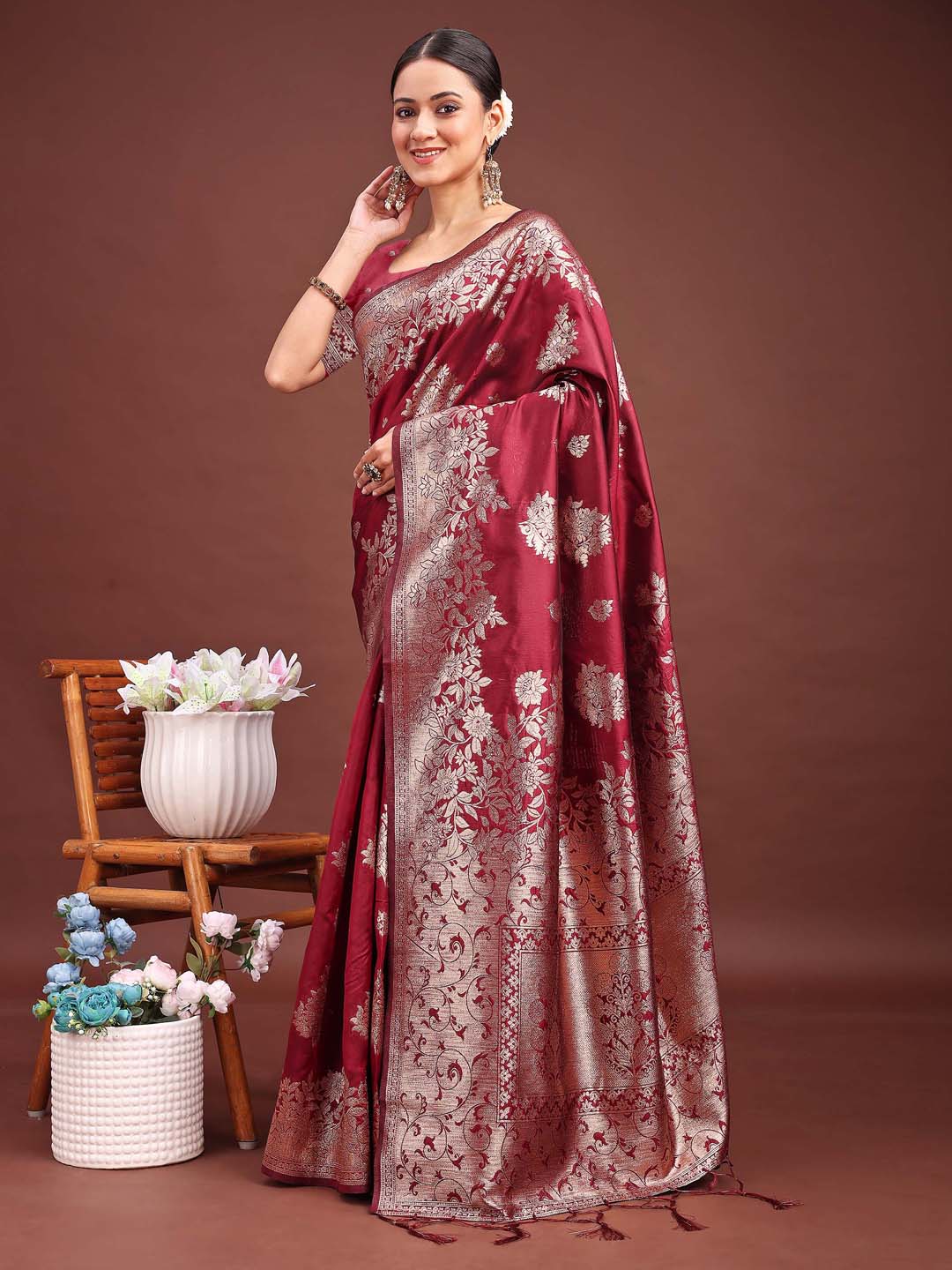Gulaab Ghoonghat Saree | Maroon Color| Ready To Wear SKU- ASSIL1004