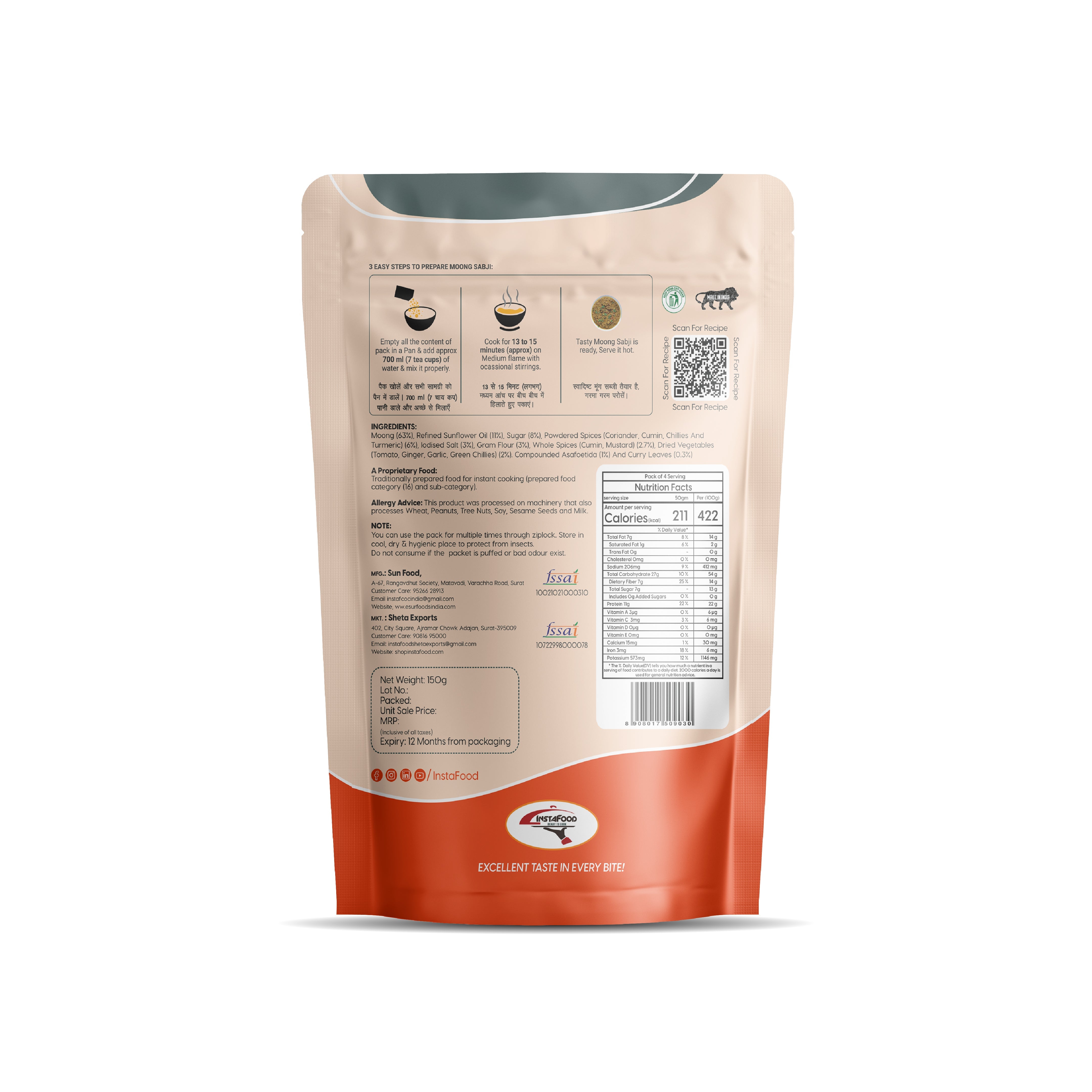 Sheta Exports Moong Sabji – 150 gms | After Cooking Gets 700 gms to Serve | Ready To Eat