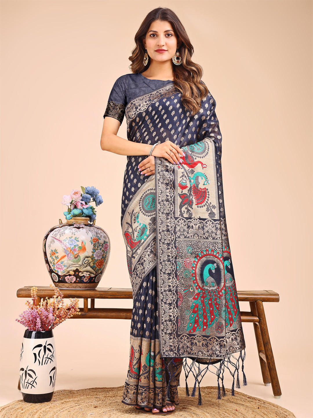 Taapti Tanveer Saree | Navy Blue Color | Ready To Wear SKU-ASZRE1005