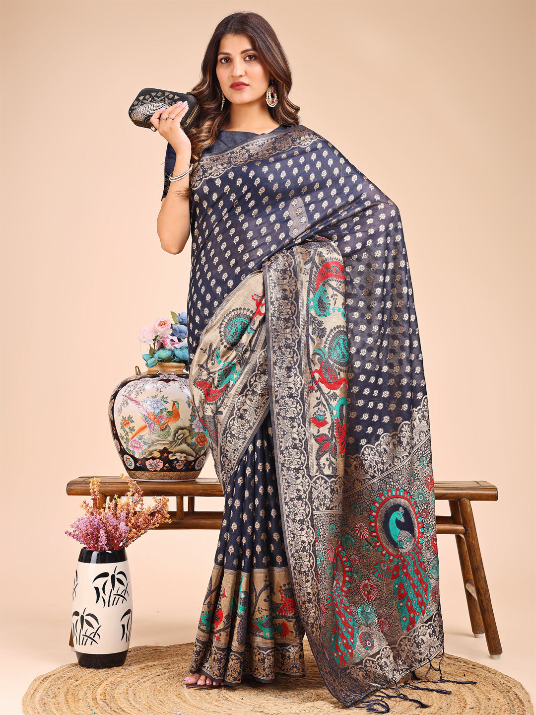 Taapti Tanveer Saree | Navy Blue Color | Ready To Wear SKU-ASZRE1005