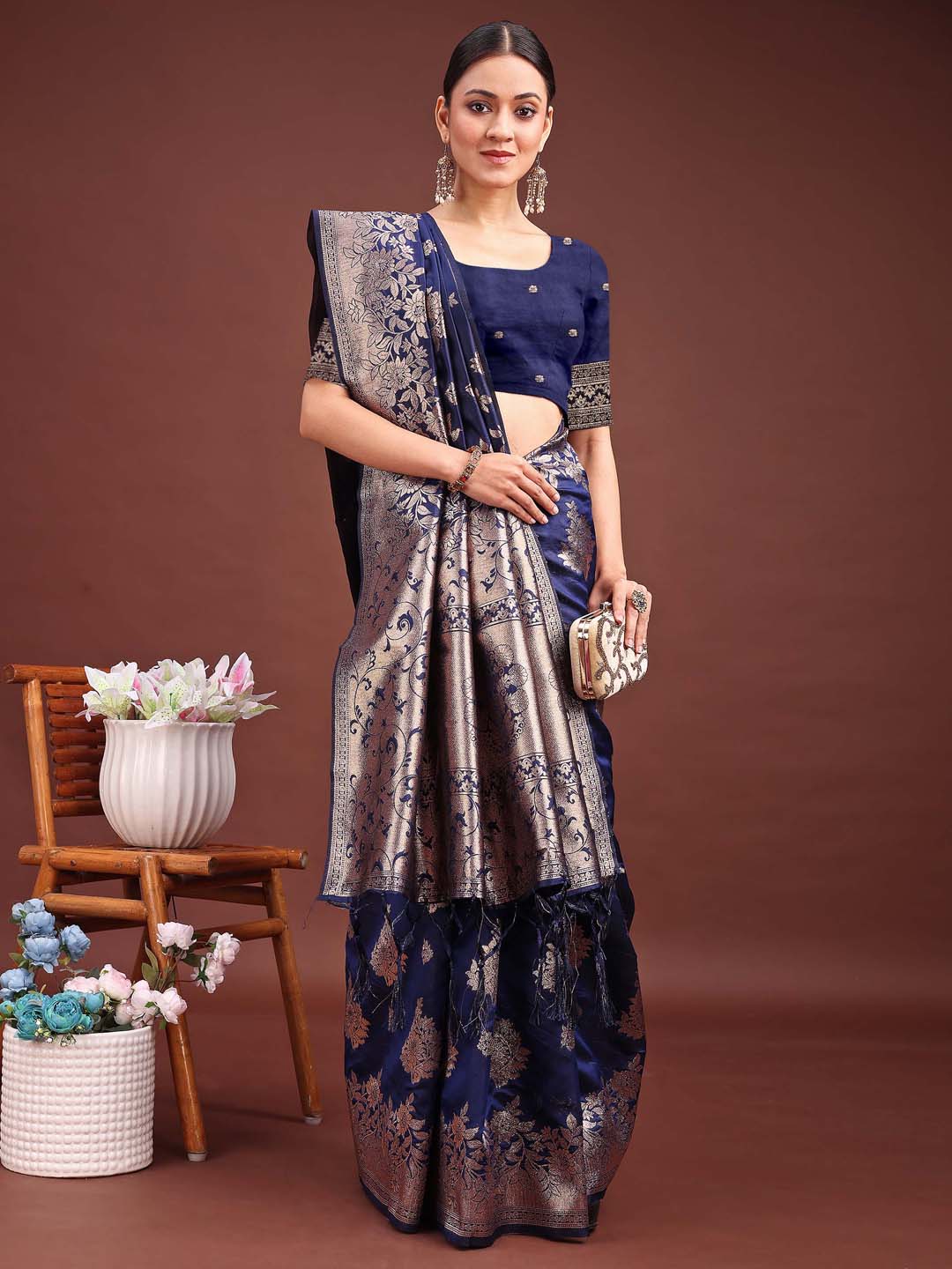 Classic Mor Mahal Drape Saree | Navy Blue Color| Ready To Wear SKU- ASSIL1005