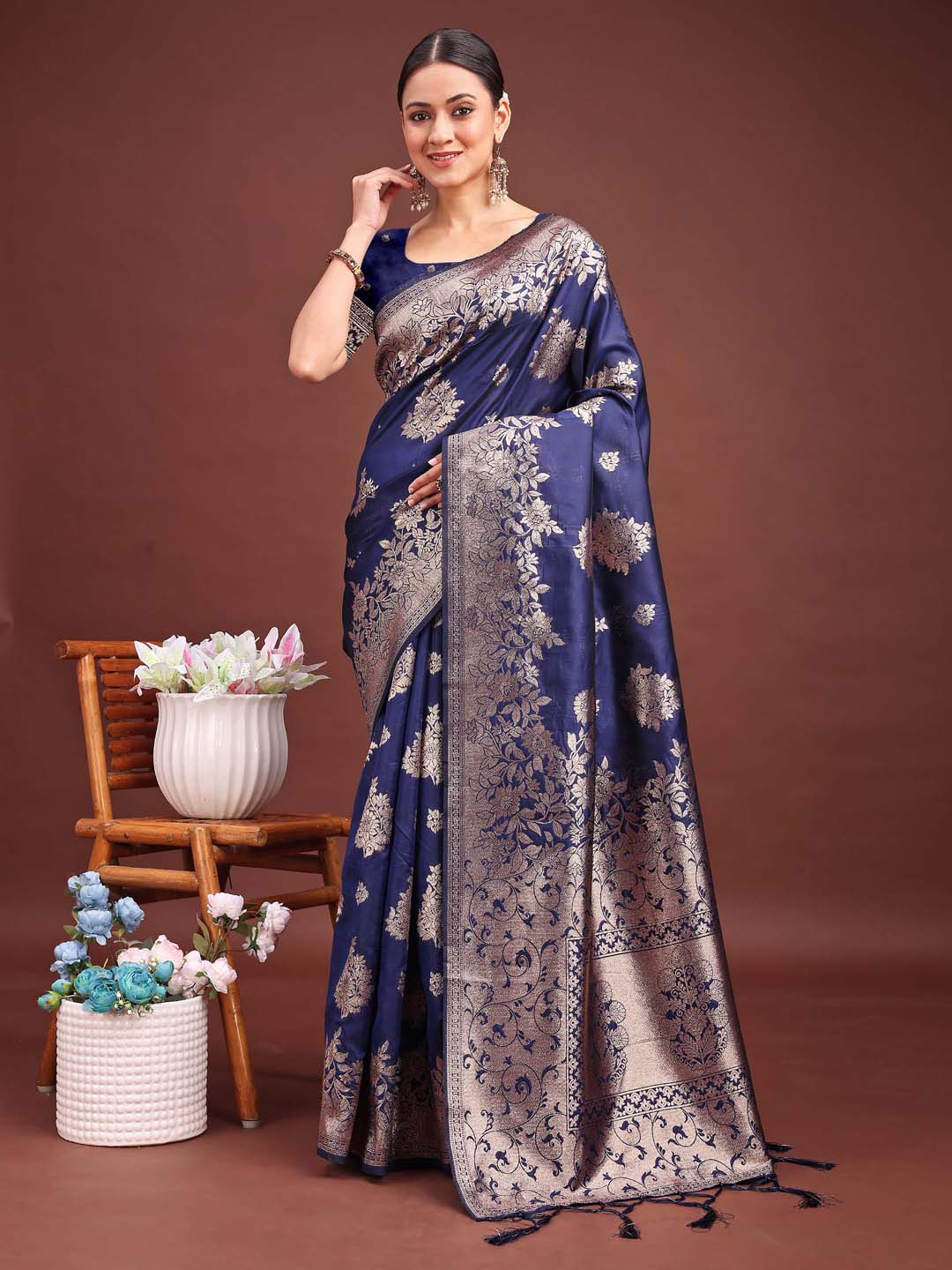 Classic Mor Mahal Drape Saree | Navy Blue Color| Ready To Wear SKU- ASSIL1005