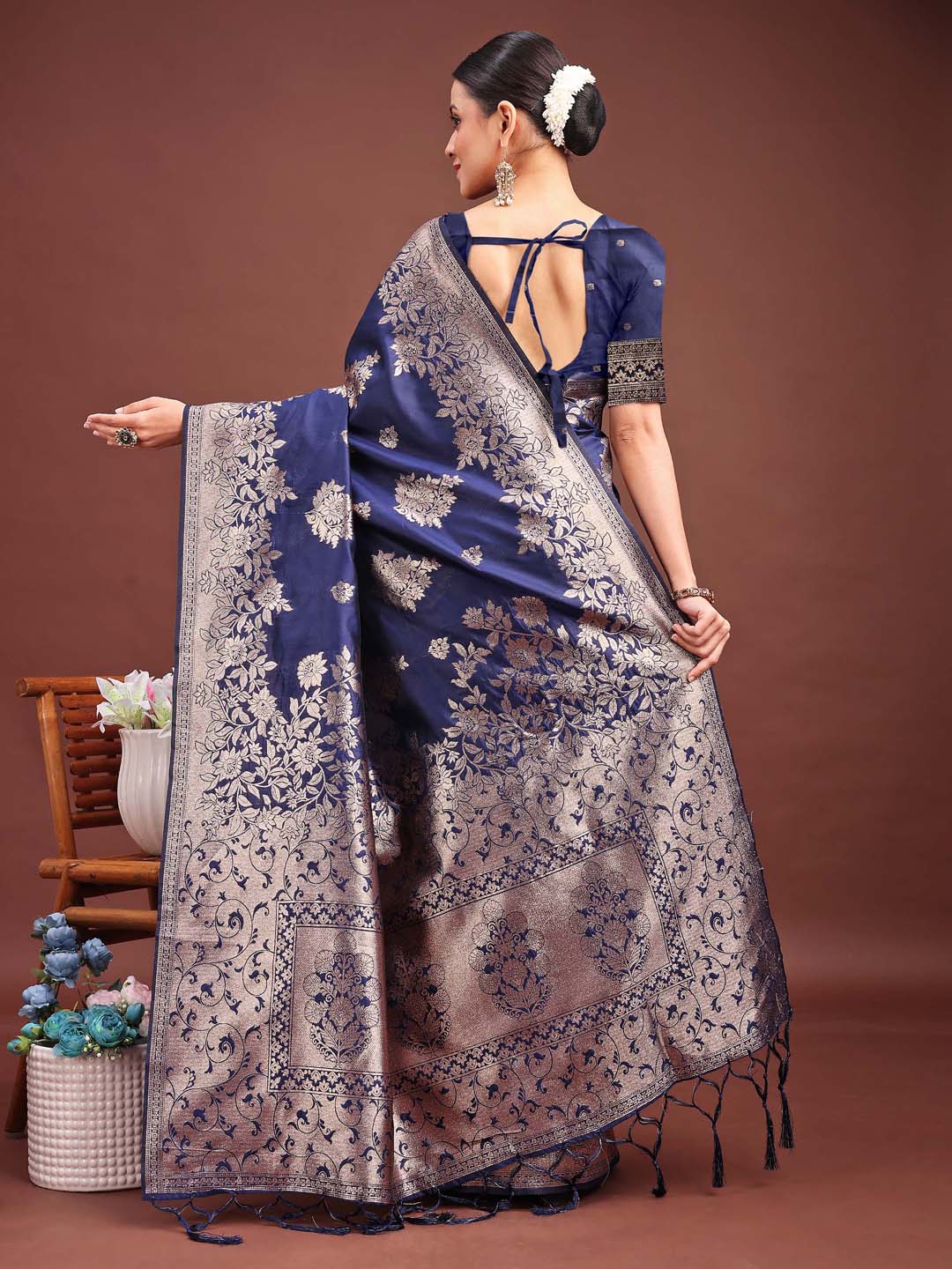 Classic Mor Mahal Drape Saree | Navy Blue Color| Ready To Wear SKU- ASSIL1005