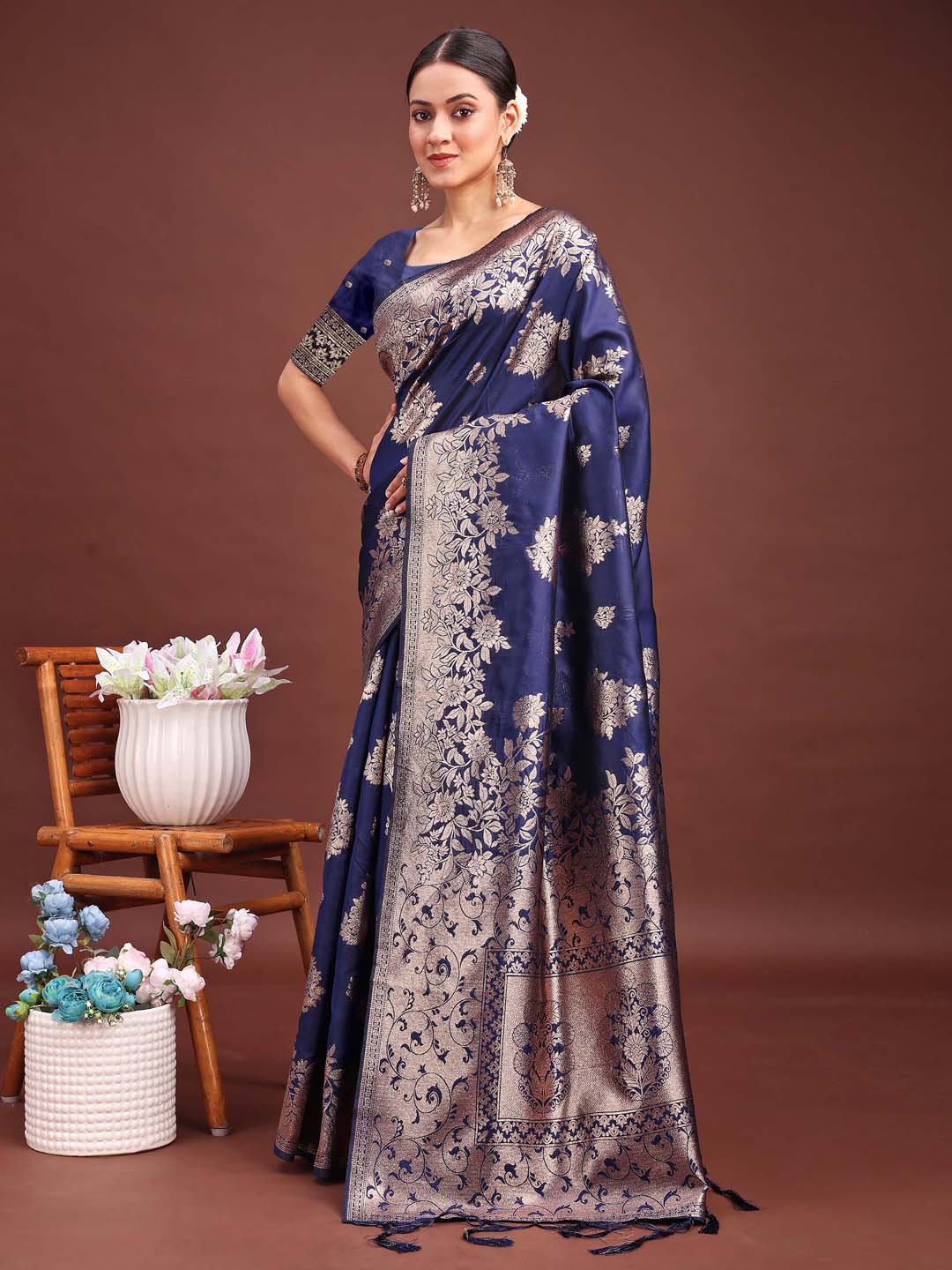 Classic Mor Mahal Drape Saree | Navy Blue Color| Ready To Wear SKU- ASSIL1005
