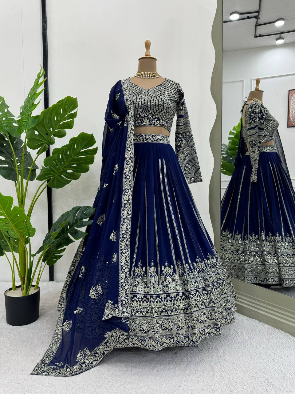 Navy Blue Georgette Sequins Heavy Embroidered Work Lehenga Choli | Ready To Wear