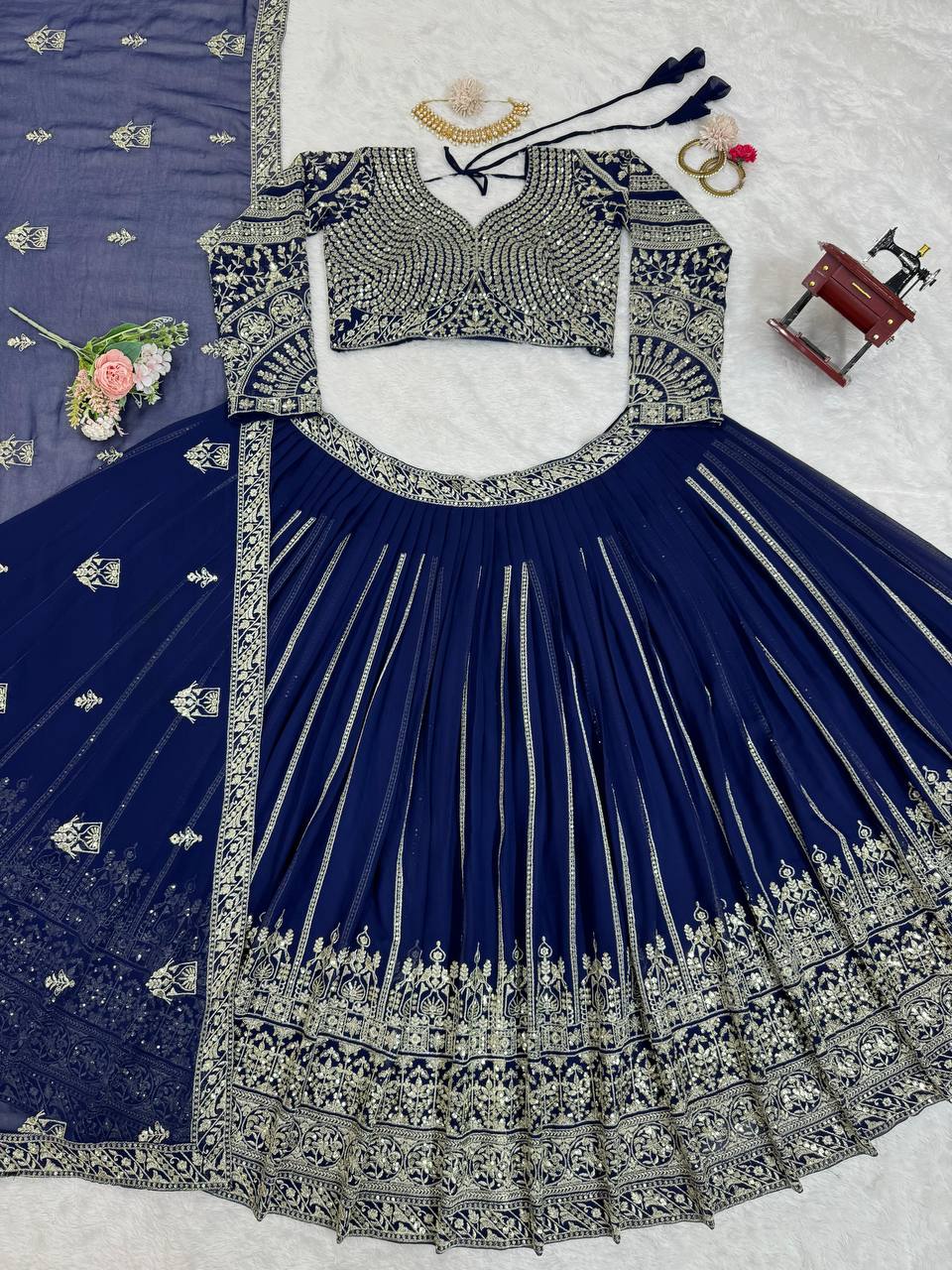 Navy Blue Georgette Sequins Heavy Embroidered Work Lehenga Choli | Ready To Wear