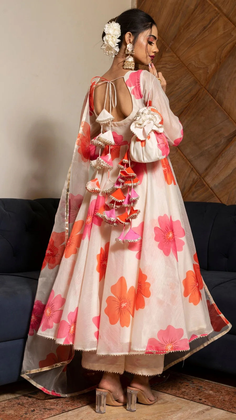 Carnation Off White Chanderi Silk Anarkali Set With Organza Dupatta | Ready to Wear
