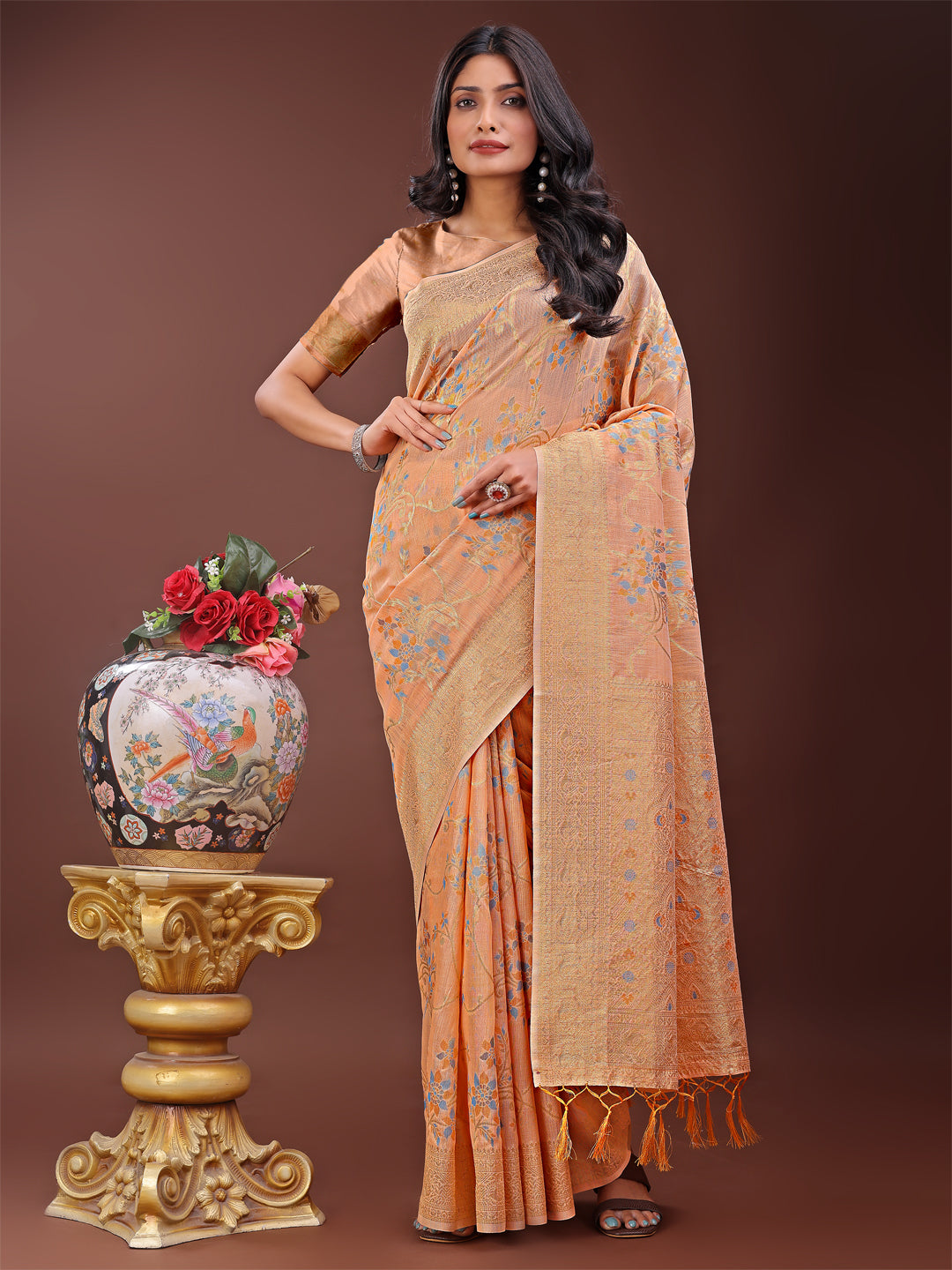 Latest Mod Muse Drape Saree | Orange Color | Ready To Wear SKU-ASNAZ1001