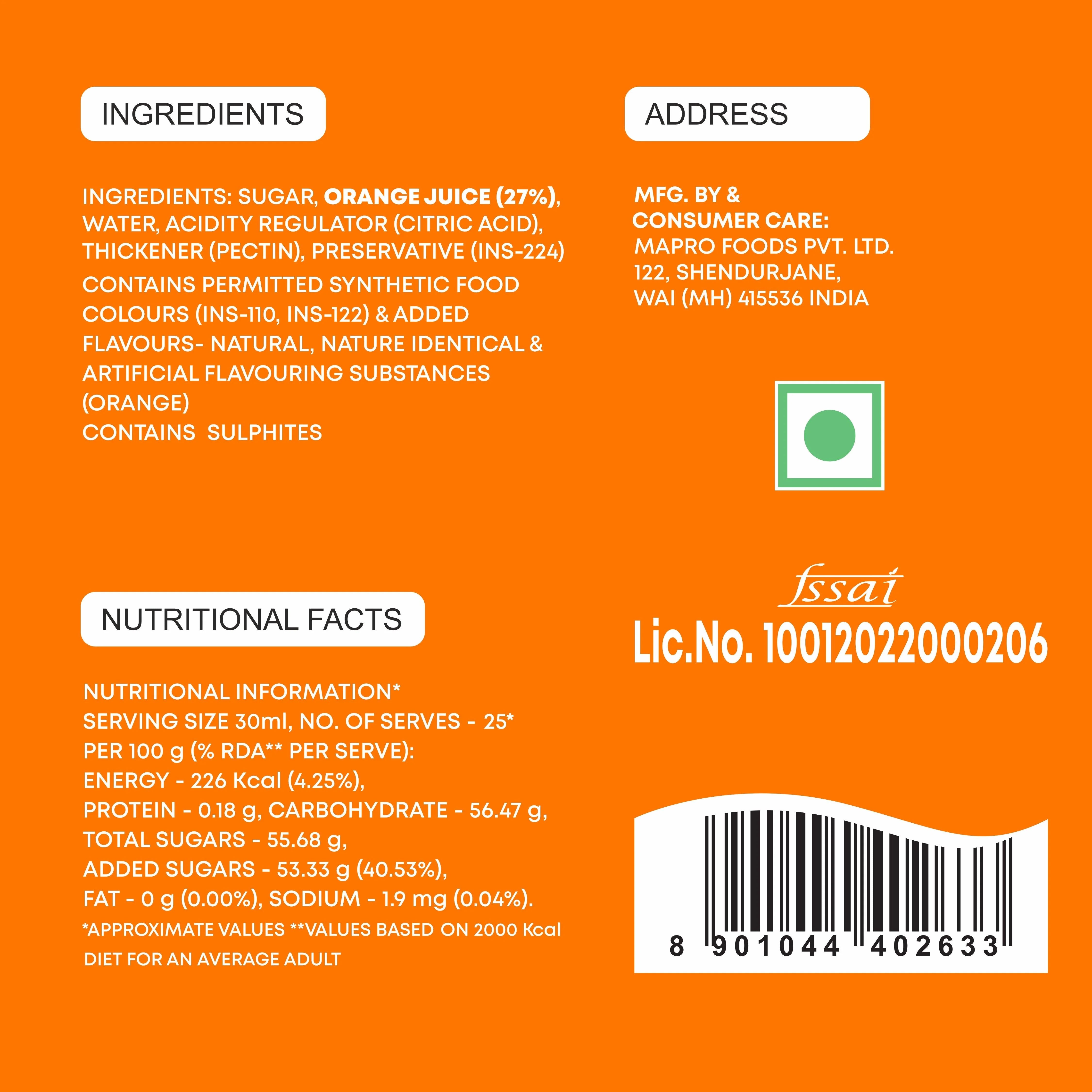 Mapro Orange Fruit Crush - 750 ml