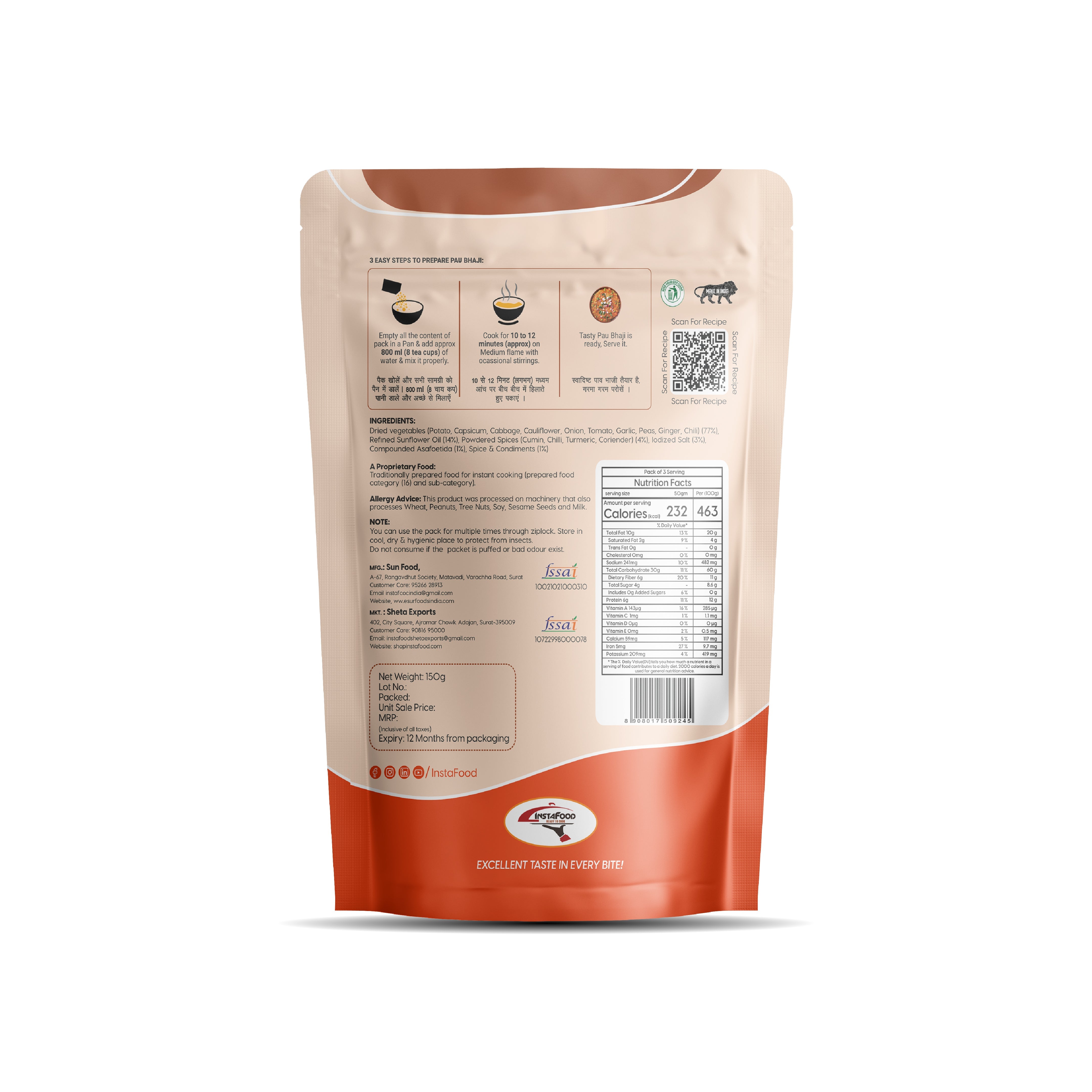 Sheta Exports Pav Bhaji - 150 gms | After Cooking Gets 900 gms to Serve | Ready To Eat