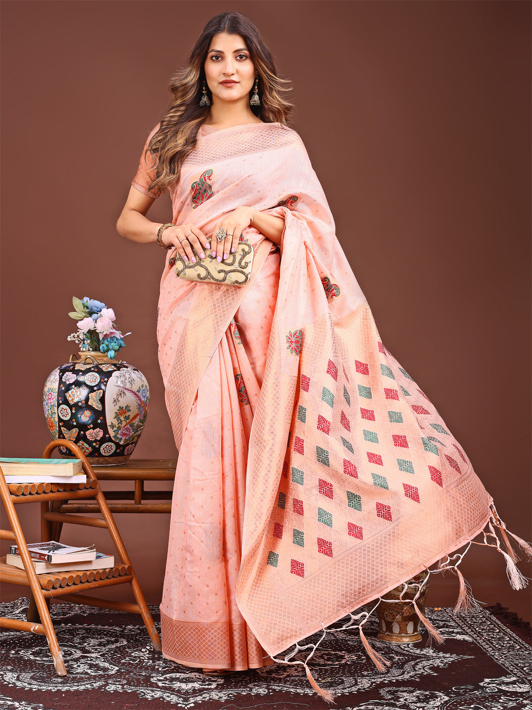 Sargam-e-Saaz Saree | Peach Color | Ready To Wear SKU-ASSAAN1001