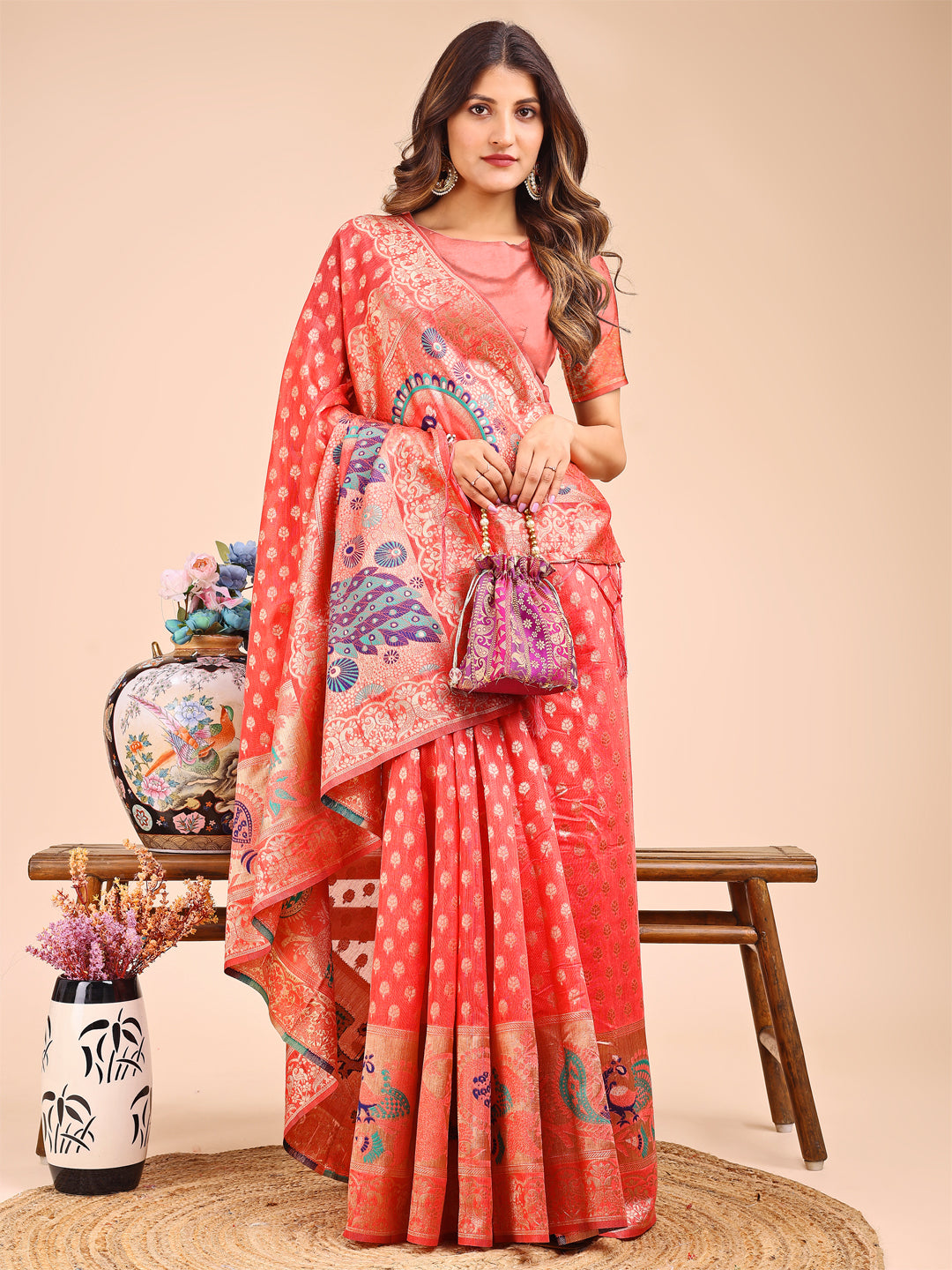 Gulmohar Gaze Saree | Peach Color | Ready To Wear SKU-ASZRE1004