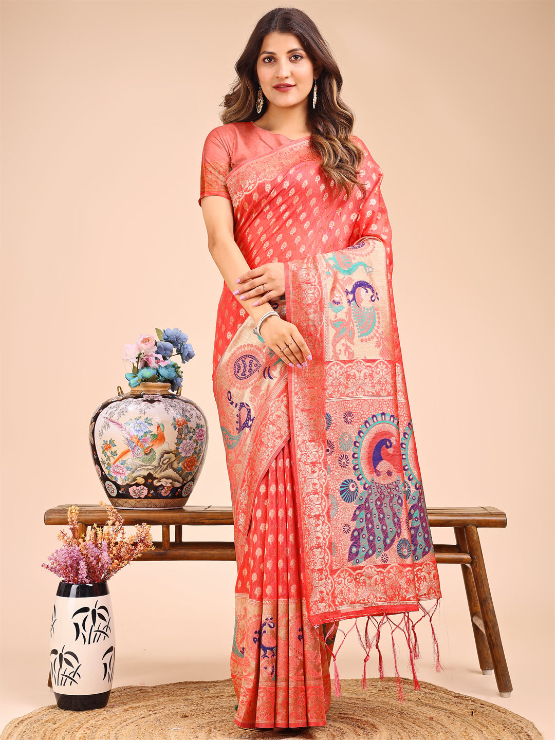 Gulmohar Gaze Saree | Peach Color | Ready To Wear SKU-ASZRE1004