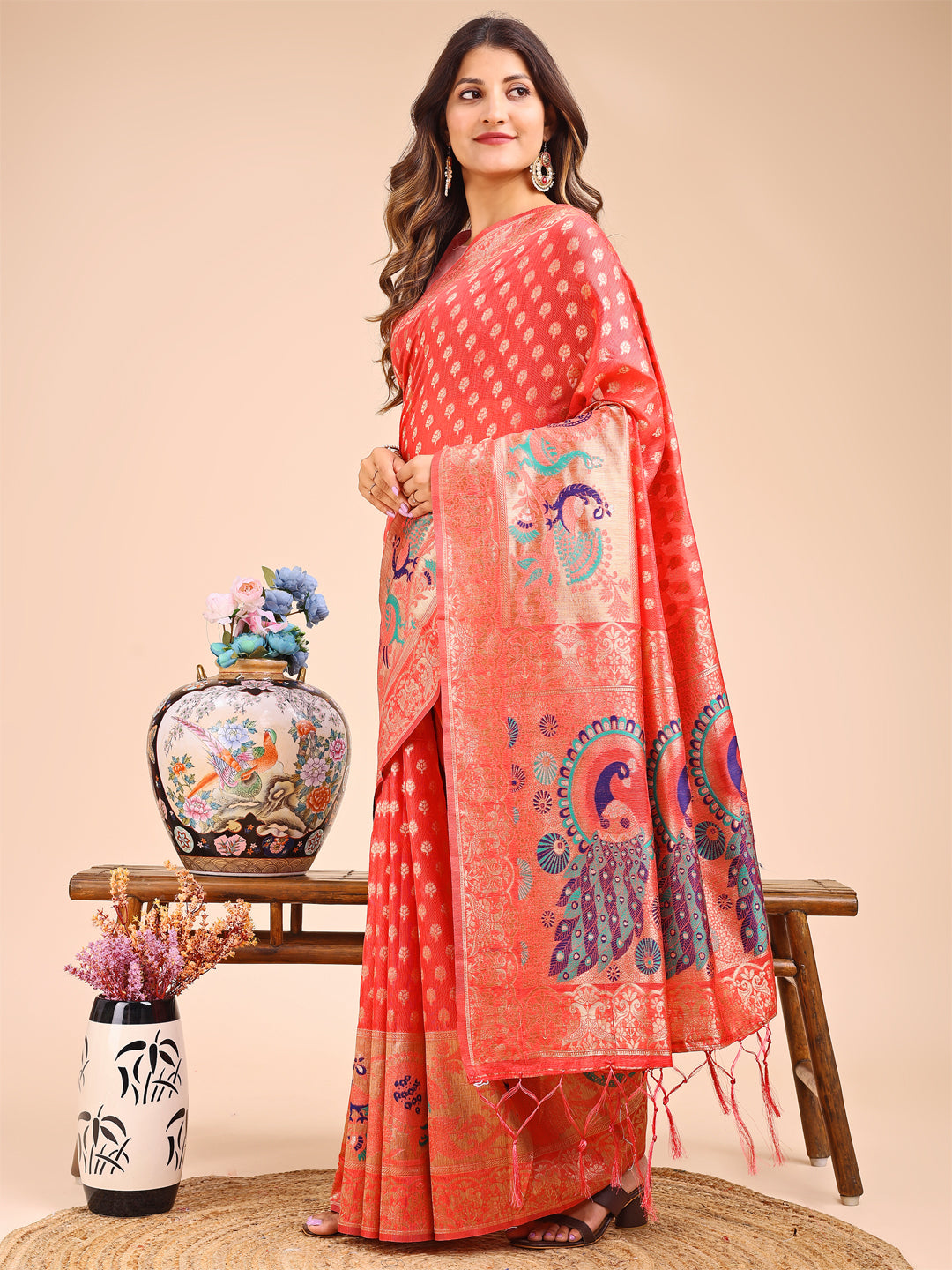 Gulmohar Gaze Saree | Peach Color | Ready To Wear SKU-ASZRE1004