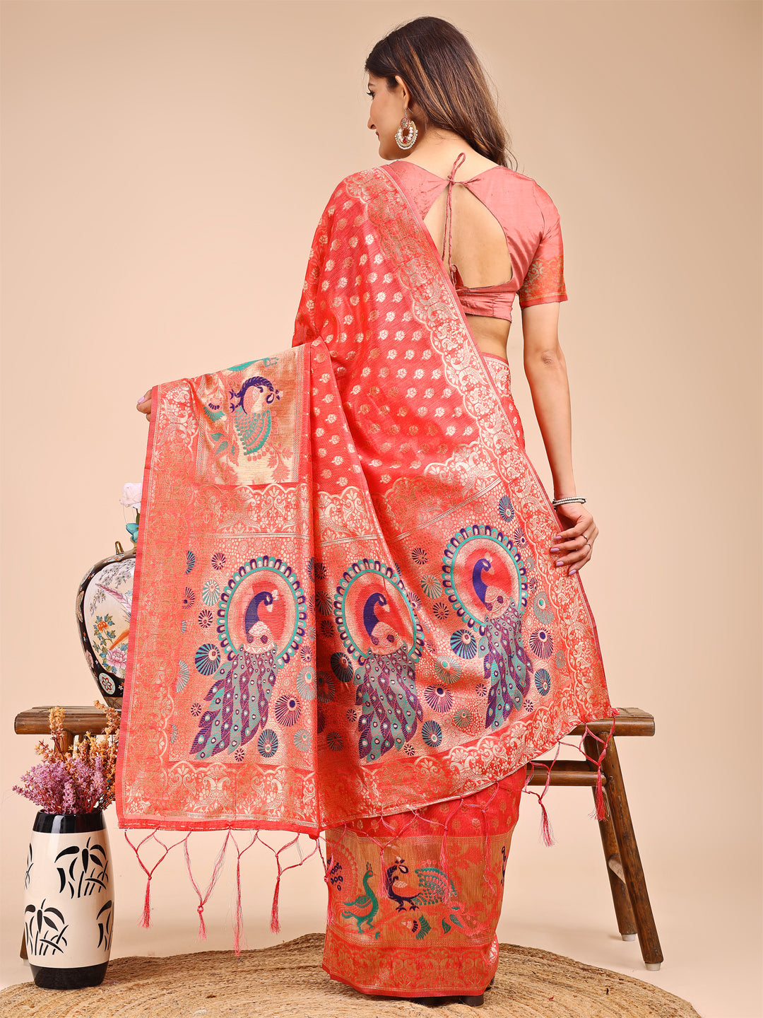 Gulmohar Gaze Saree | Peach Color | Ready To Wear SKU-ASZRE1004