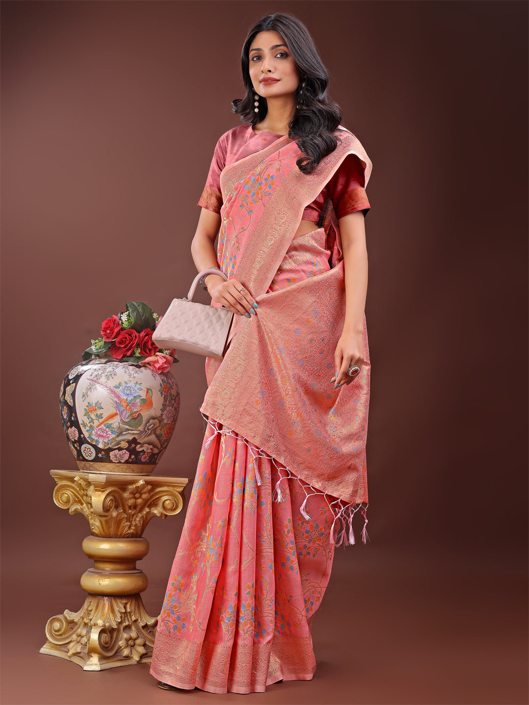 Latest Fusion Phulkari Saree | Peach Color | Ready To Wear SKU-ASNAZ1002