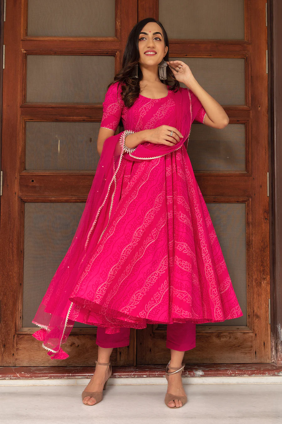 Bhandhej Pink Cotton Hand Block Anarkali Set With Soft Net Dupatta | Ready to Wear Code - PJS1223-1