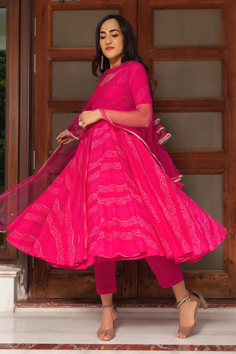 Bhandhej Pink Cotton Hand Block Anarkali Set With Soft Net Dupatta | Ready to Wear Code - PJS1223-1