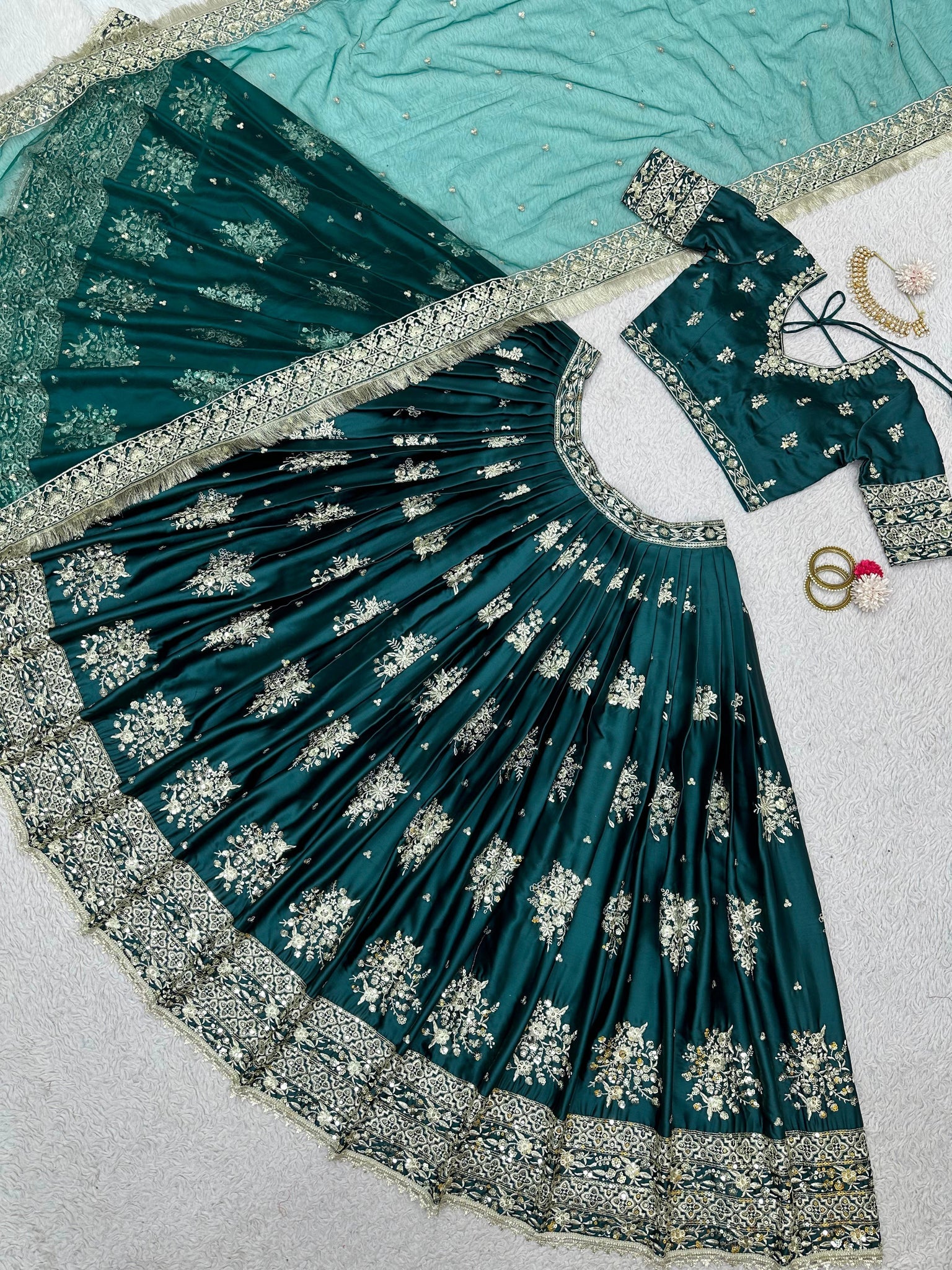 Rama Color Silk Thread Sequence Embroidered Lehenga Choli | Ready To Wear