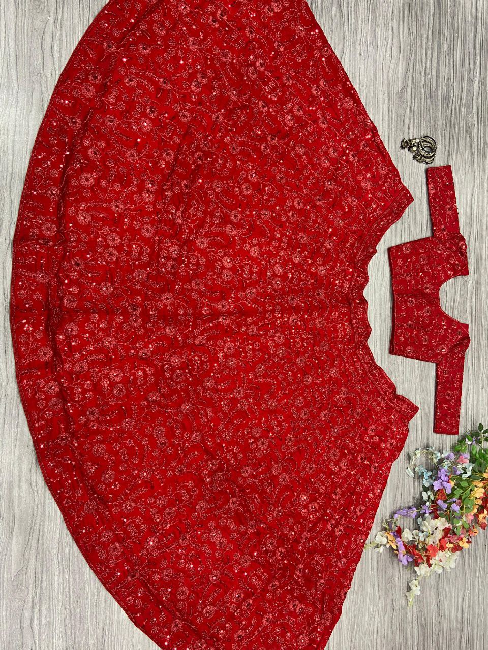 Red Colour Vichitra Silk Embroidery Sequence Design Work Lehenga Choli | Ready To Wear