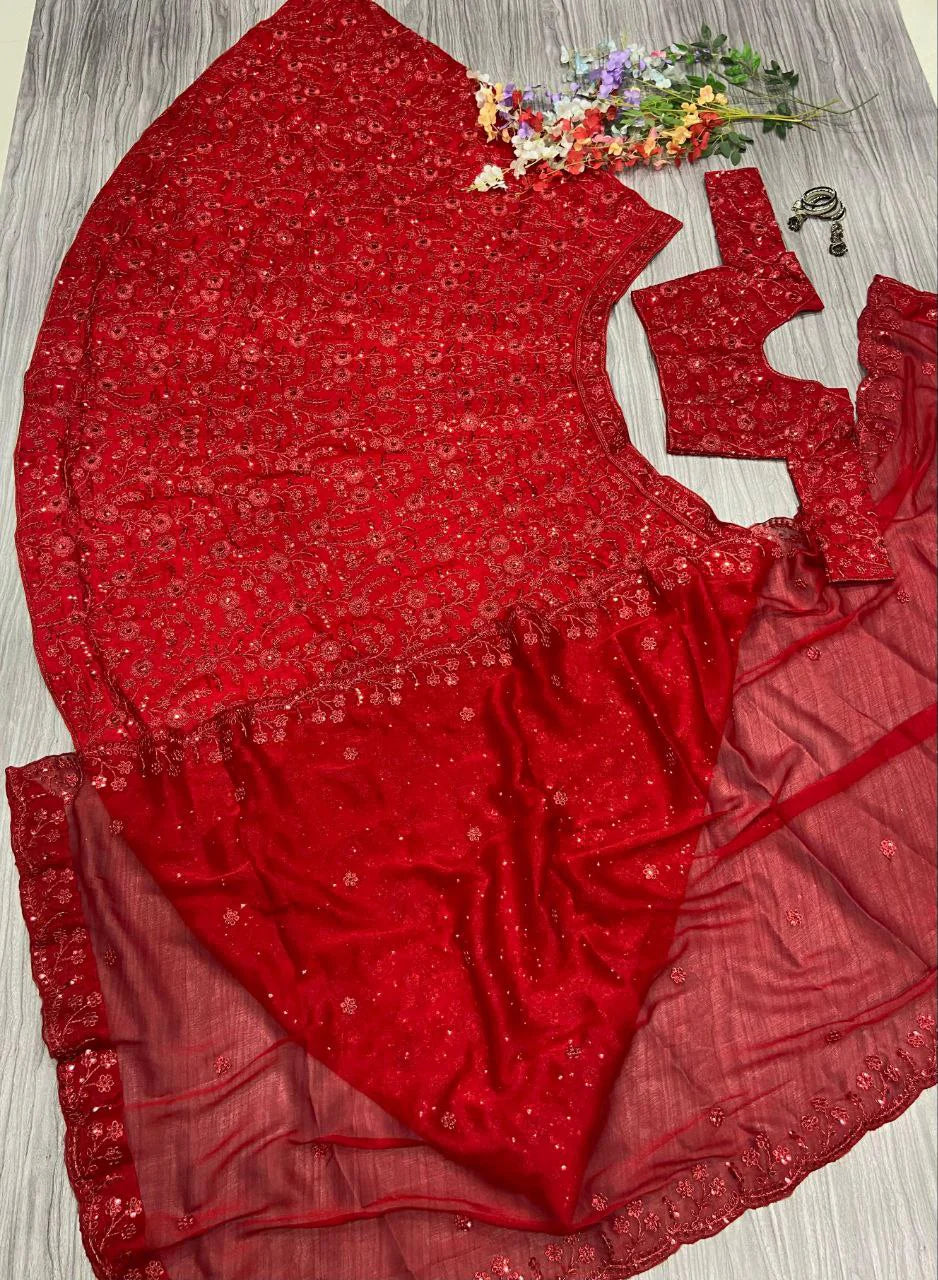 Red Colour Vichitra Silk Embroidered Sequence Design Work Lehenga Choli | Ready To Wear