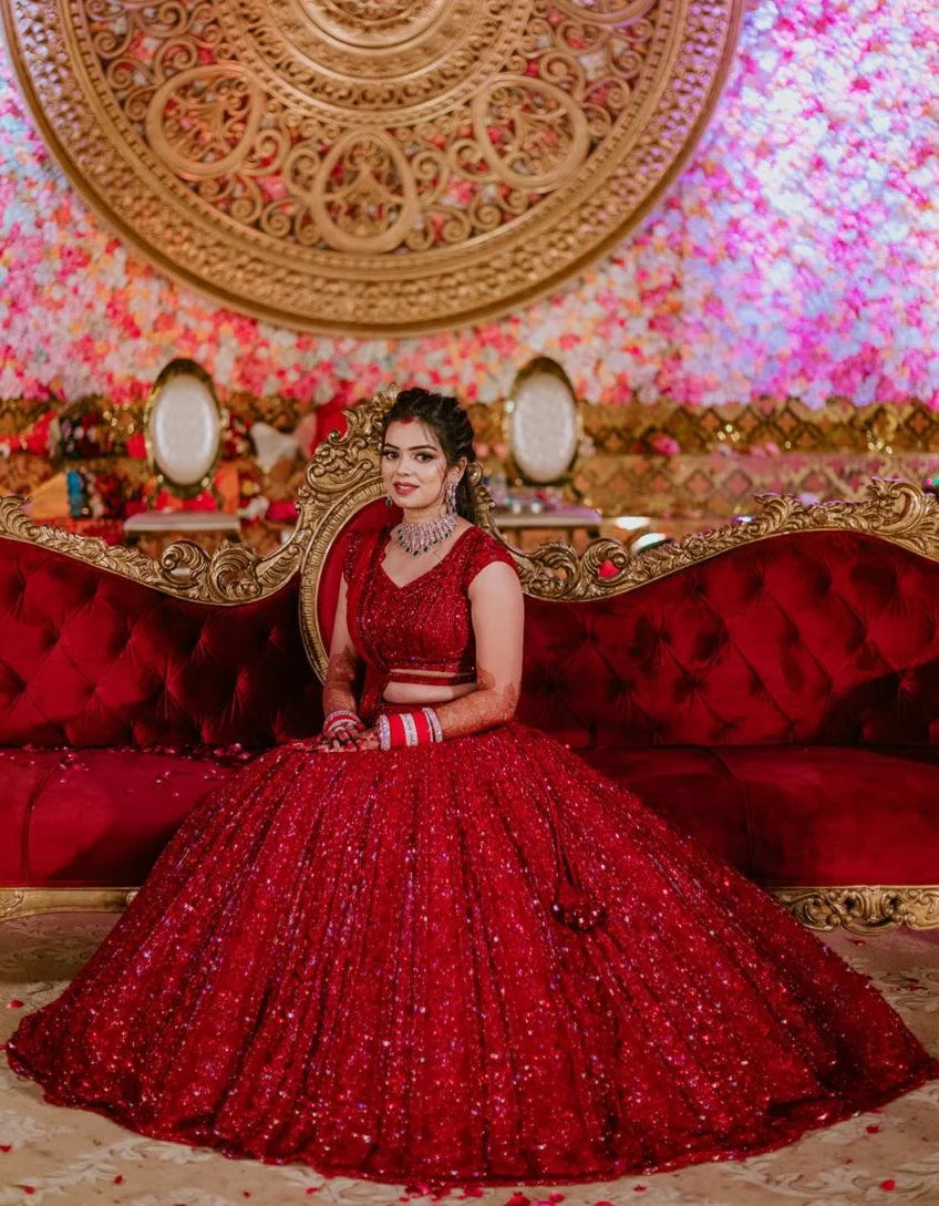 Red Colour Vichitra Silk Embroidered Sequence Design Work Lehenga Choli | Ready To Wear