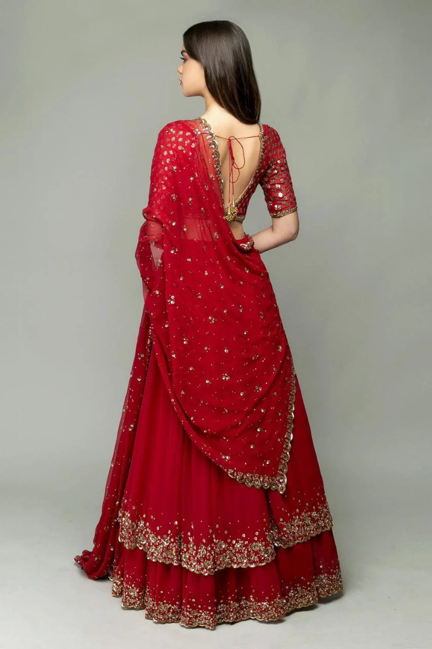 Red Georgette Ruffle Style Lehenga Choli | Ready To Wear