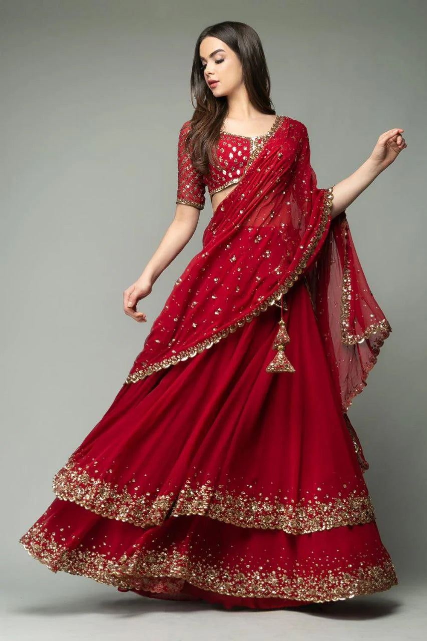 Red Georgette Ruffle Style Lehenga Choli | Ready To Wear