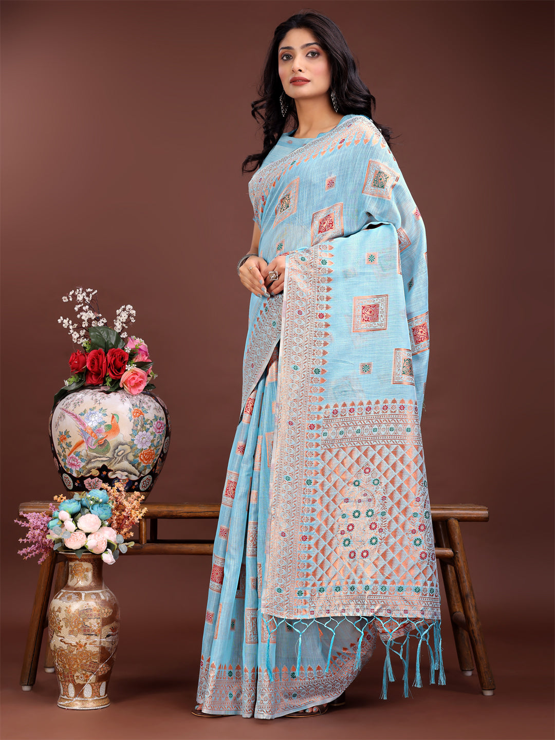 Special Zeenat Zariya Saree | Sky Blue Color | Ready To Wear SKU-ASNAZ2001