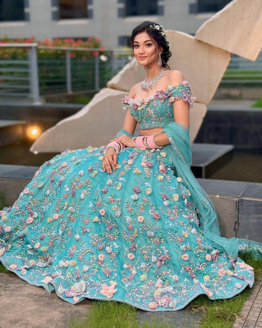 Wedding Wear Skyblue Color Georgette 3D Flower Work Lehenga Choli | Ready To Wear
