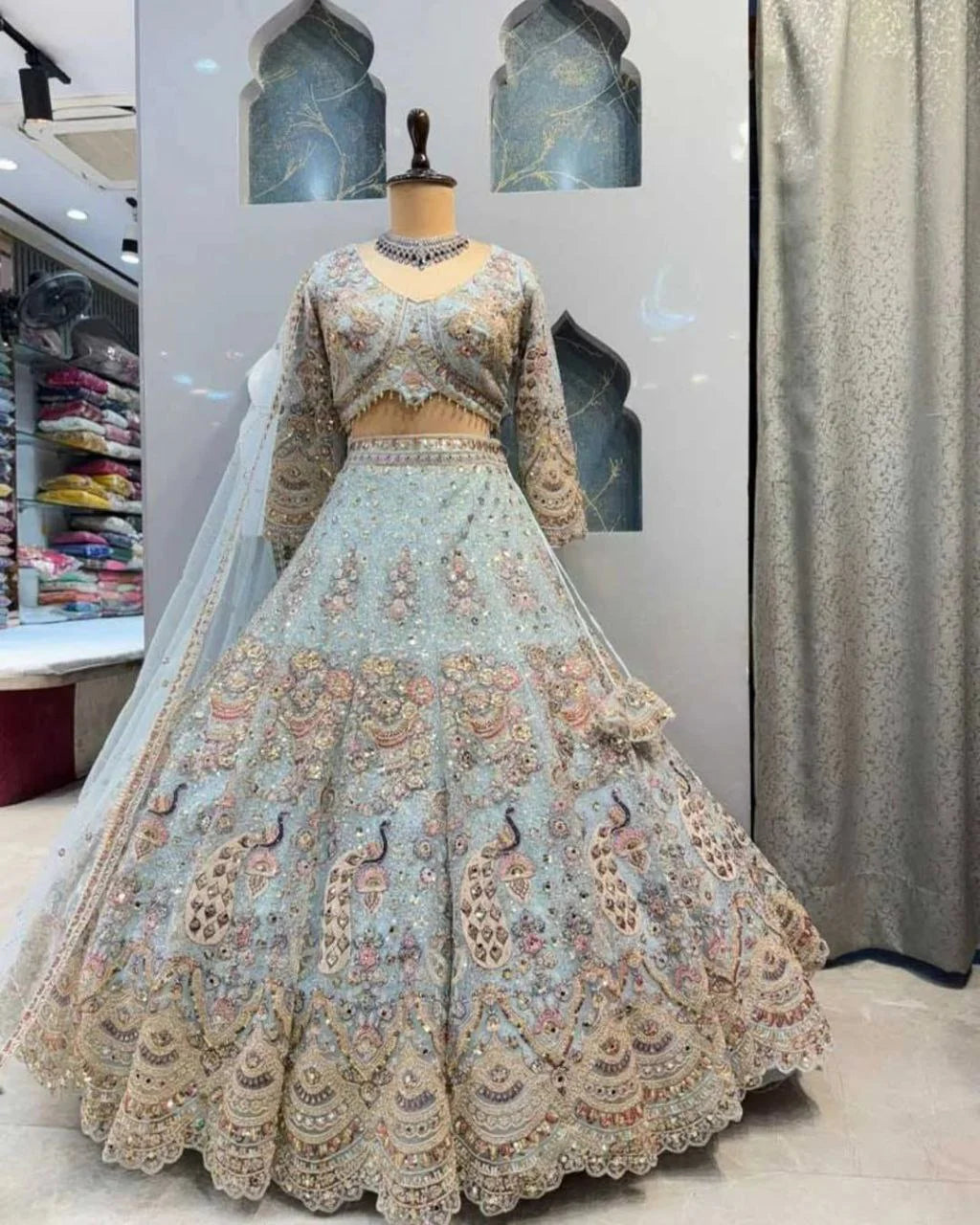Sky Color Soft Net Coding Embroidered Work Peacock Design Lehenga Choli | Ready To Wear
