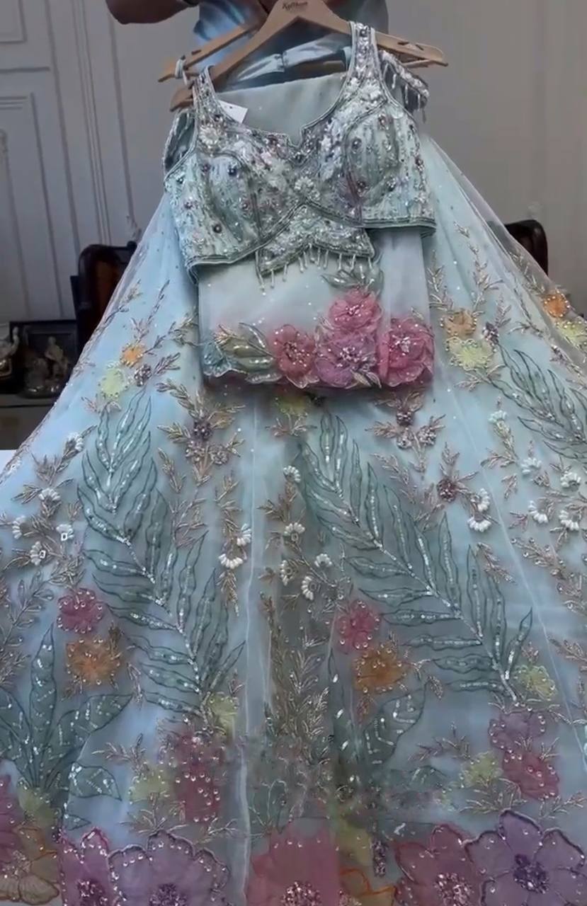 Sky Color Floral Work Organza Silk Lehenga Choli | Ready To Wear