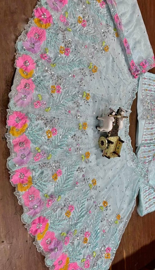 Sky Color Floral Work Organza Silk Lehenga Choli | Ready To Wear