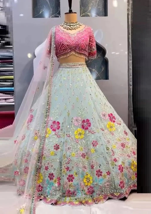 Haldi Mehndi Wear Sky Georgette Real Mirror Embroidered Work Lehenga Choli | Ready To Wear