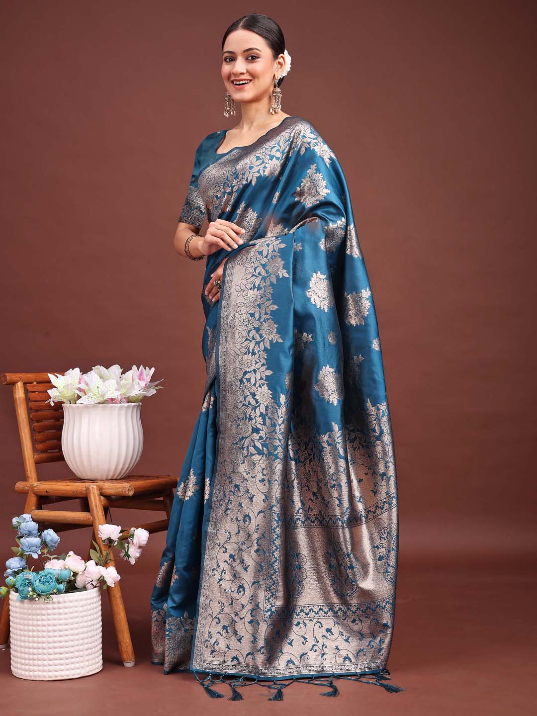 Banarasi Baag Saree |Teal Blue Color| Ready To Wear SKU- ASSIL1003