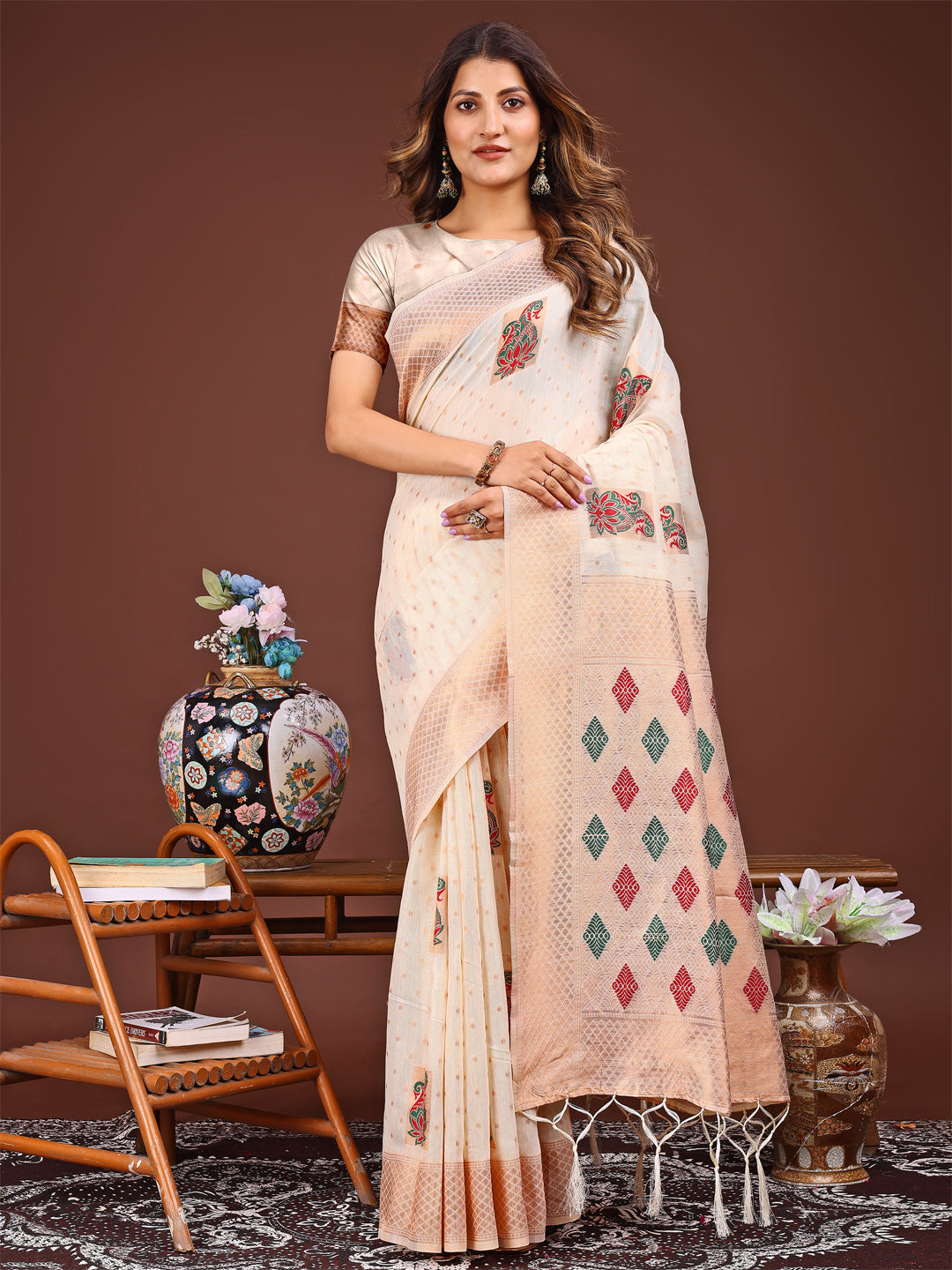 Veena Viraasat Saree | Cream Color | Ready To Wear SKU-ASSAAN1005