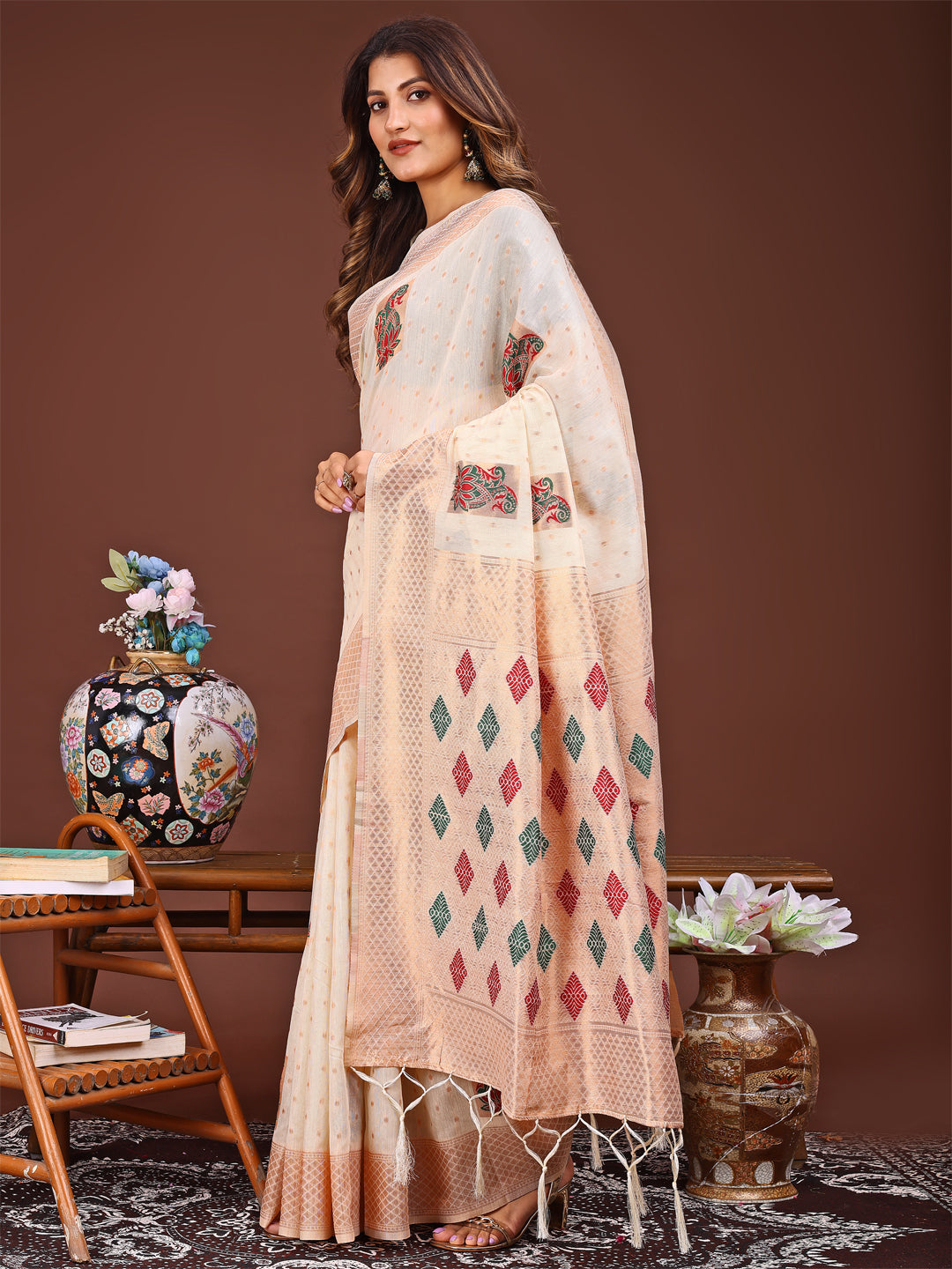 Veena Viraasat Saree | Cream Color | Ready To Wear SKU-ASSAAN1005