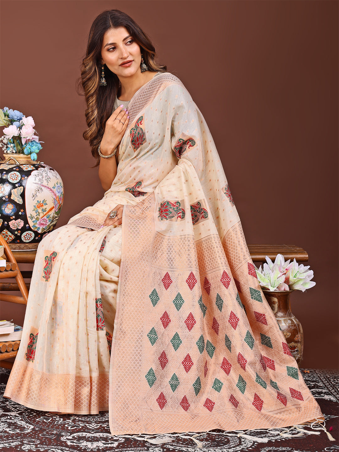 Veena Viraasat Saree | Cream Color | Ready To Wear SKU-ASSAAN1005