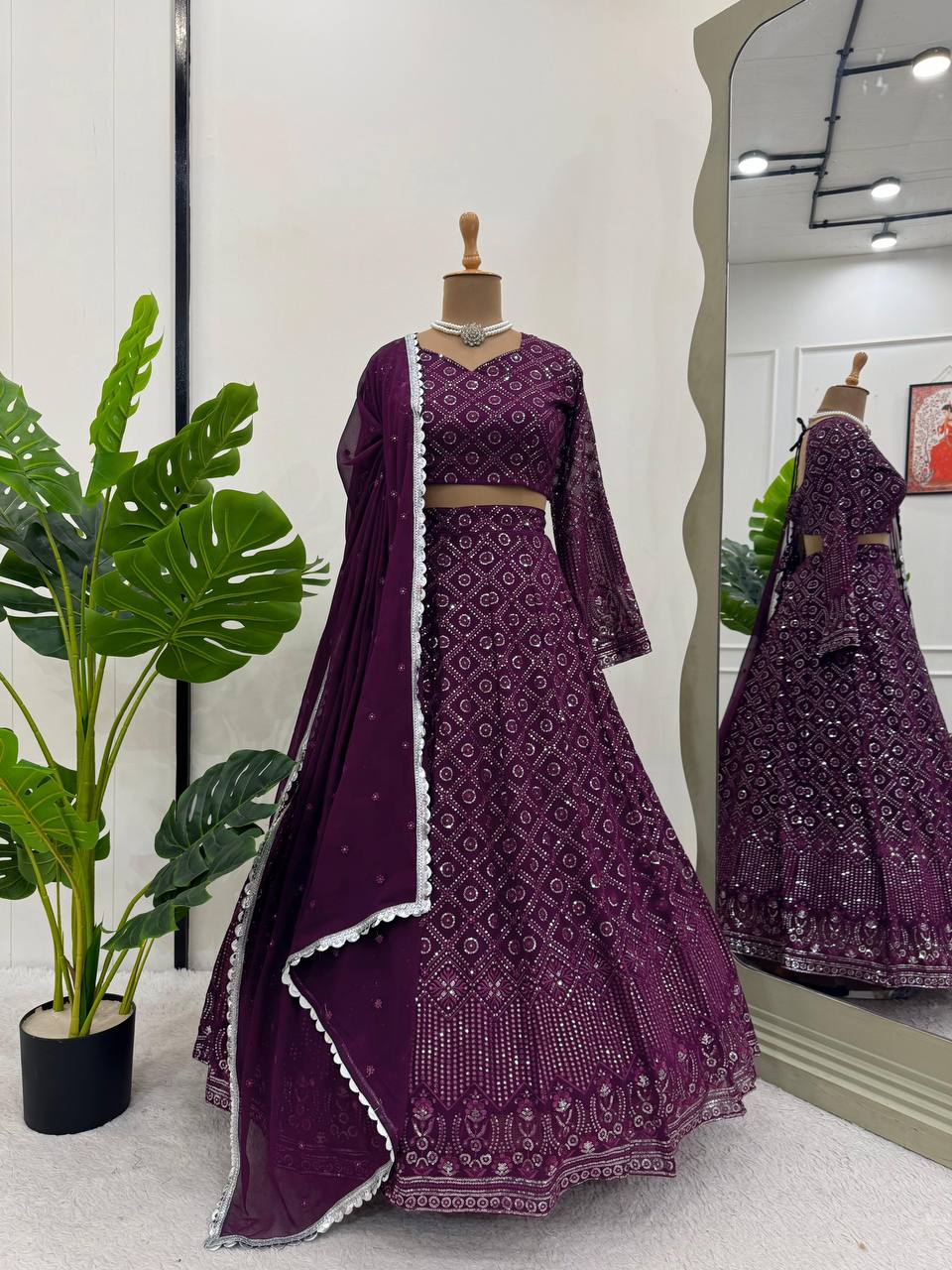 Wine Color Georgette Wedding Wear Lehenga Choli | Ready To Wear