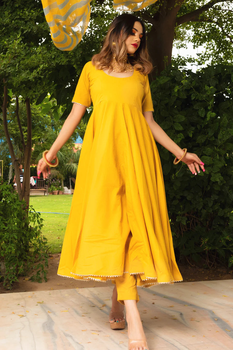 Rosemarry Yellow Cotton Anarkali Set With Cotton Lahariya Dupatta | Ready to Wear Code - PJS1126-1
