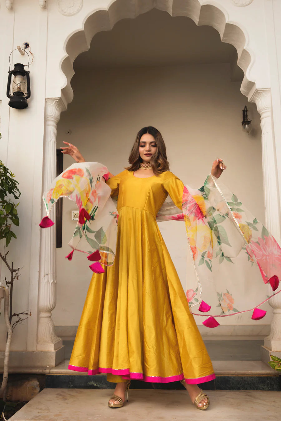 Sunflower Cotton Silk Yellow Anarkali With Organza Dupatta | Ready To wear Code - PJS1122-6